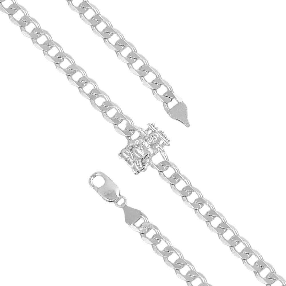 925 Sterling Silver Rhodium Plated Lord Raghavendra Charm Cuban Link Bracelet for Men and Women