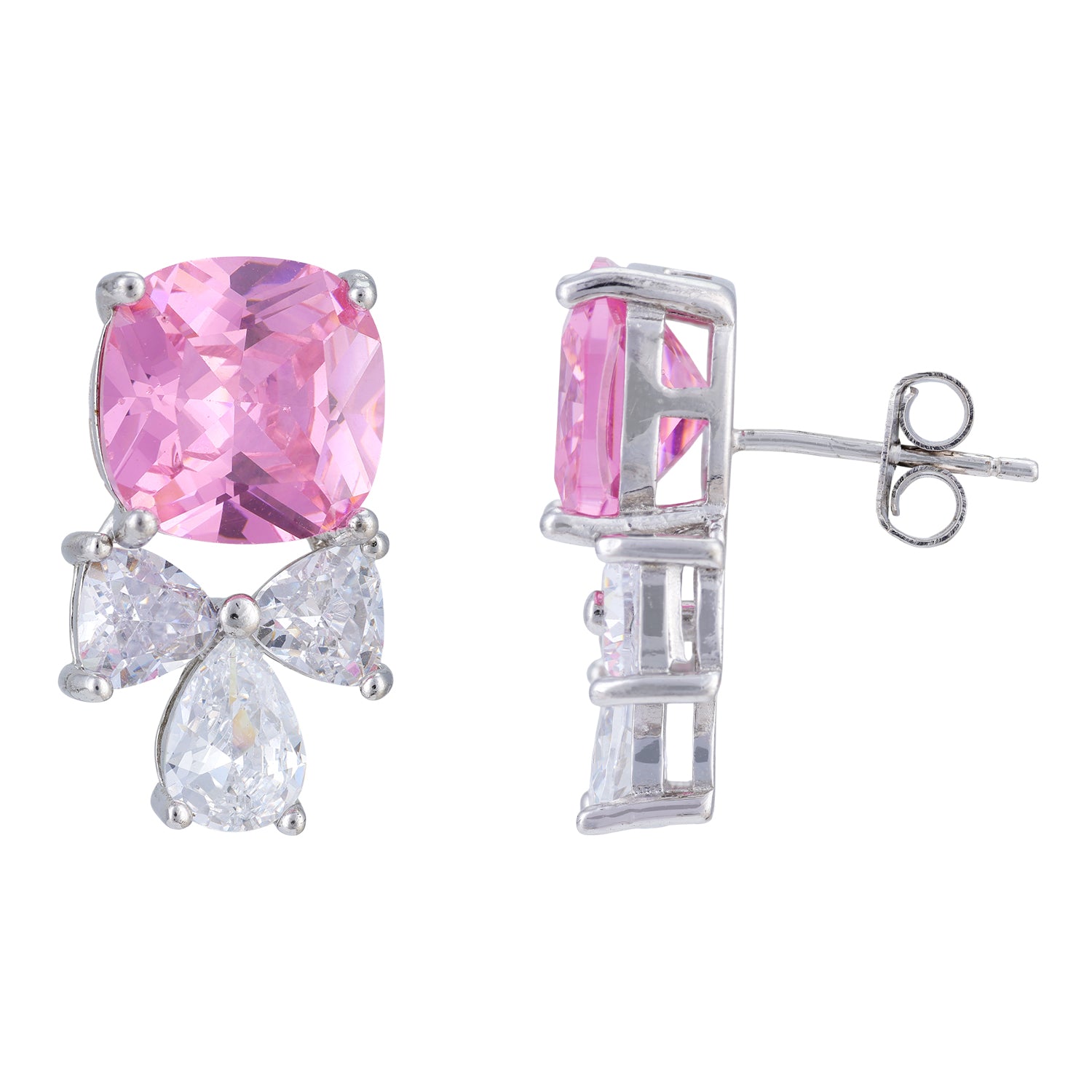 Sterling Silver Rhodium Plated Pink Stone Bow Drop Earrings For Women