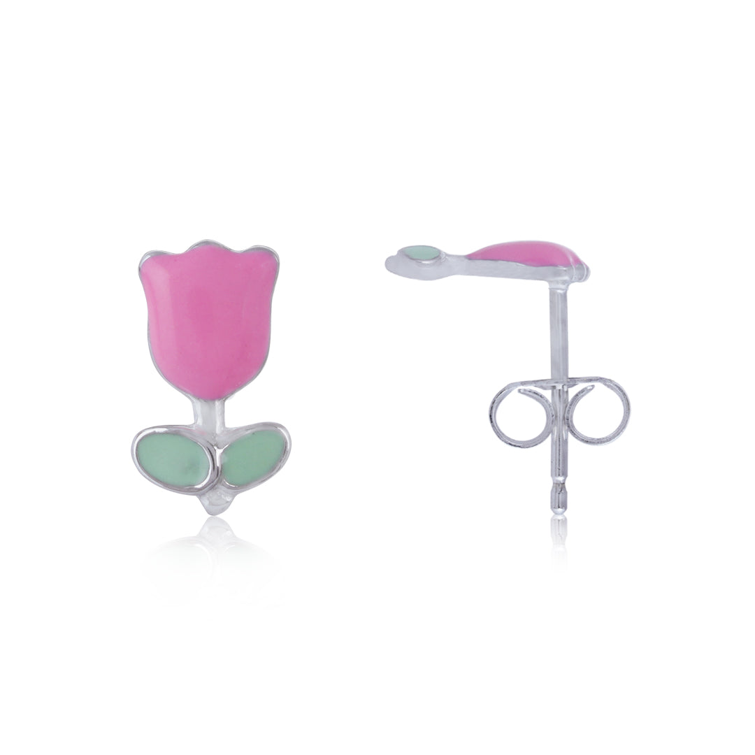 925 Sterling Silver Rhodium Plated  Pink Tulip Stud For Kids