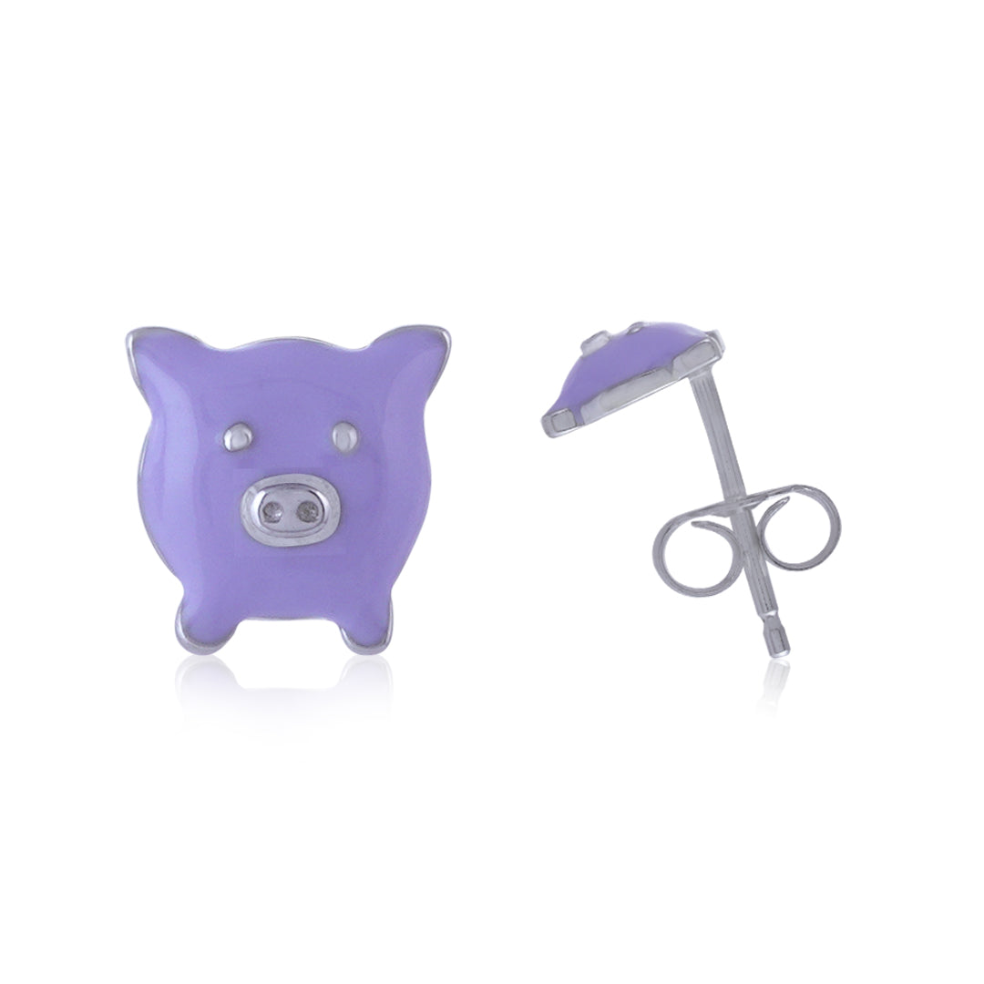 925 Sterling Silver Rhodium Plated Purple Piggy Stud For Kids