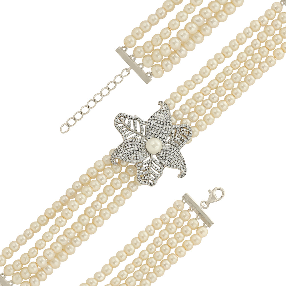 925 Sterling Silver Rhodium Plated Stacked Pearl Bloom Centered Bracelets For Women