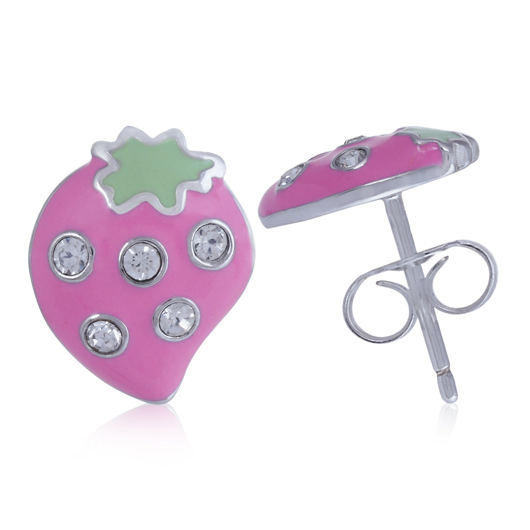 925 Sterling Silver Rhodium Plated Strawberry Stud For Kids