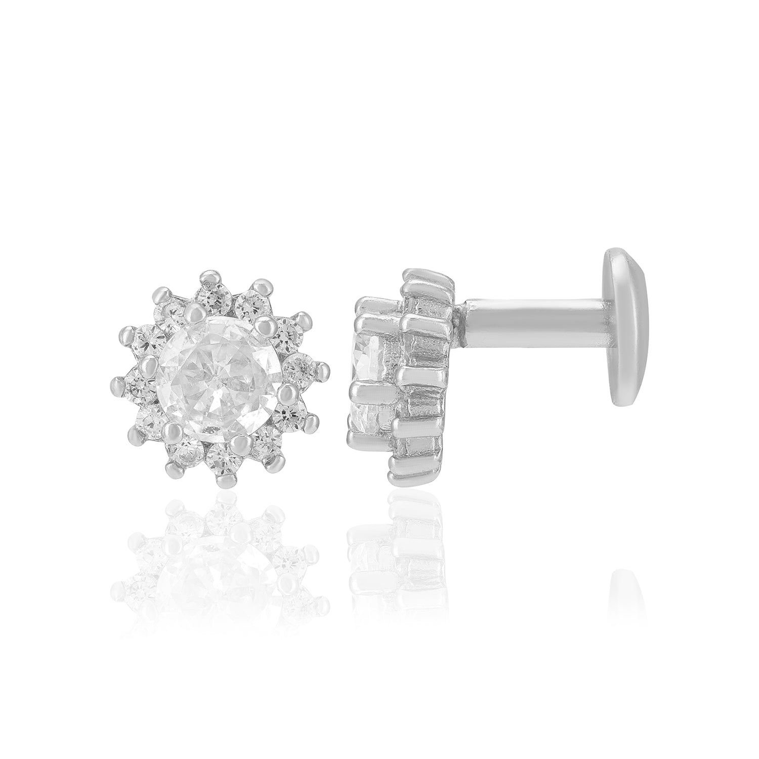 925 Sterling Silver Rhodium Sparkle Flower Earrings For Women