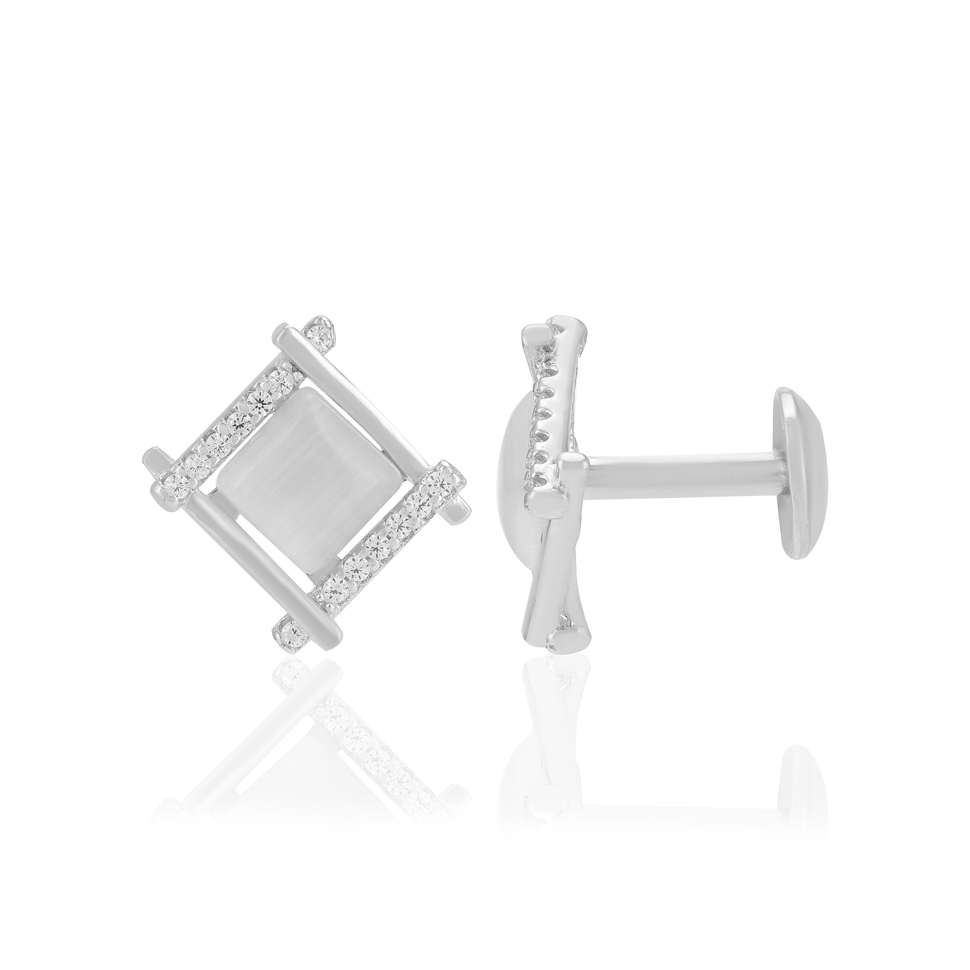 925 Sterling Silver Rhodium Tilted Square Two Side Stoned Earrings For Women