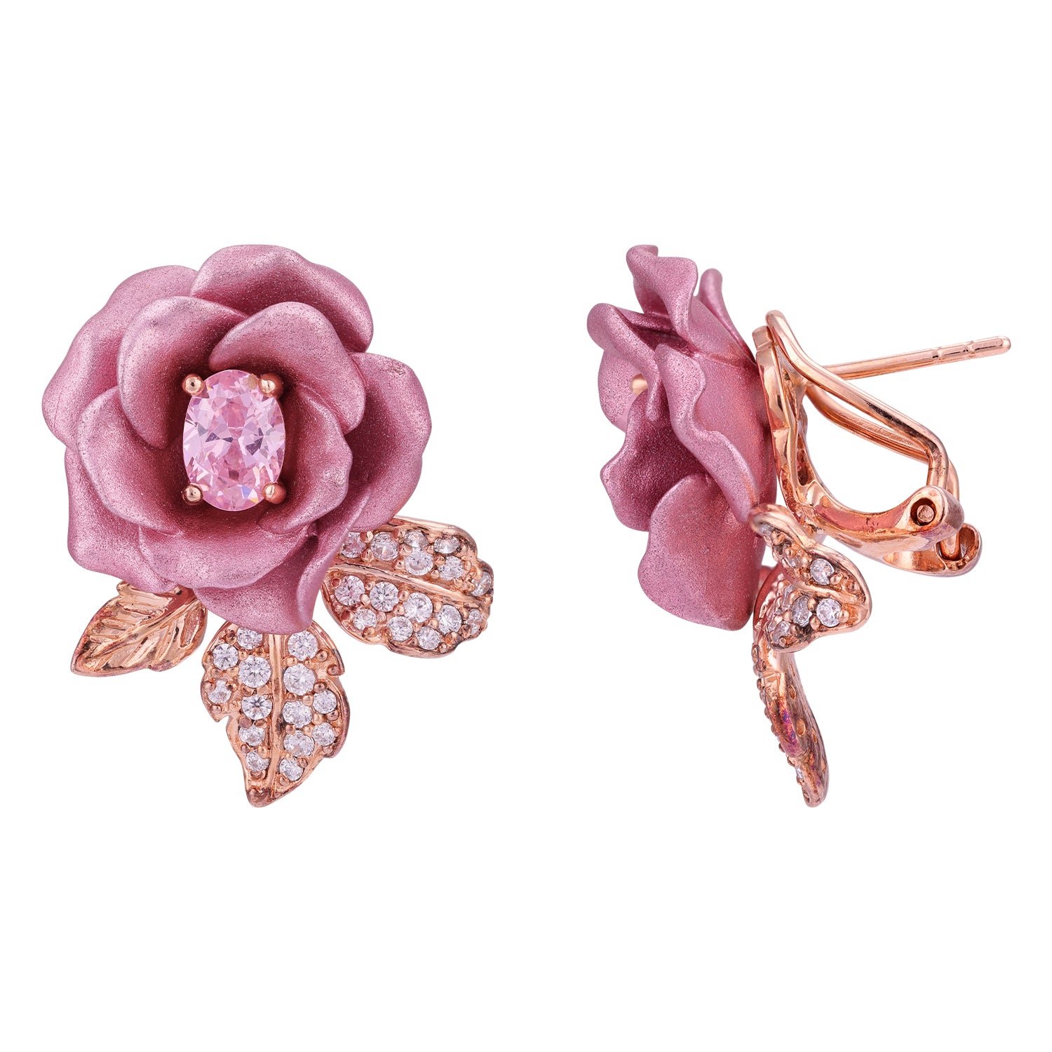925 Sterling Silver Romantic Floral Motif Crystal Embellishment Earrings for Women