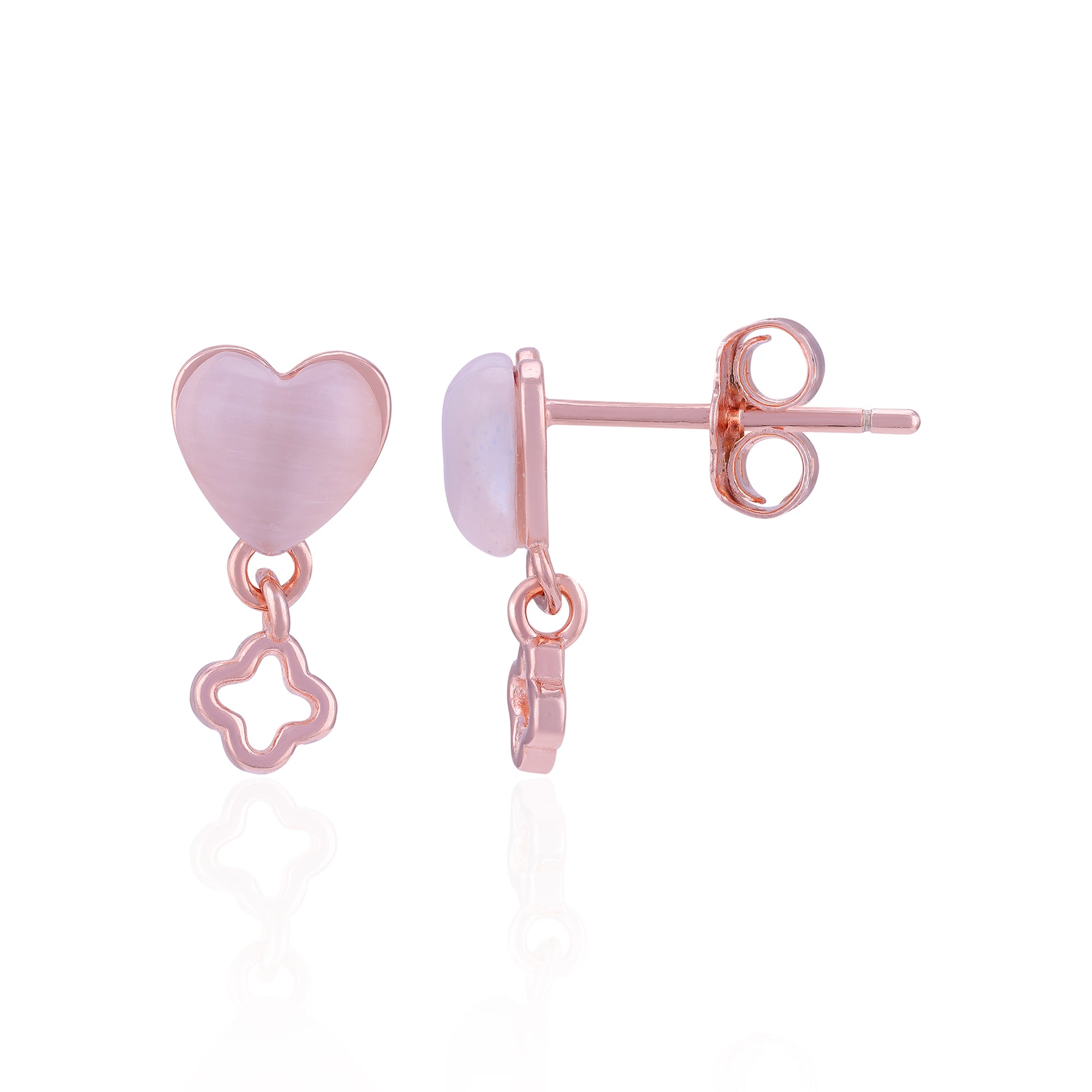 Pair of earrings with pink heart and star charms on a white background