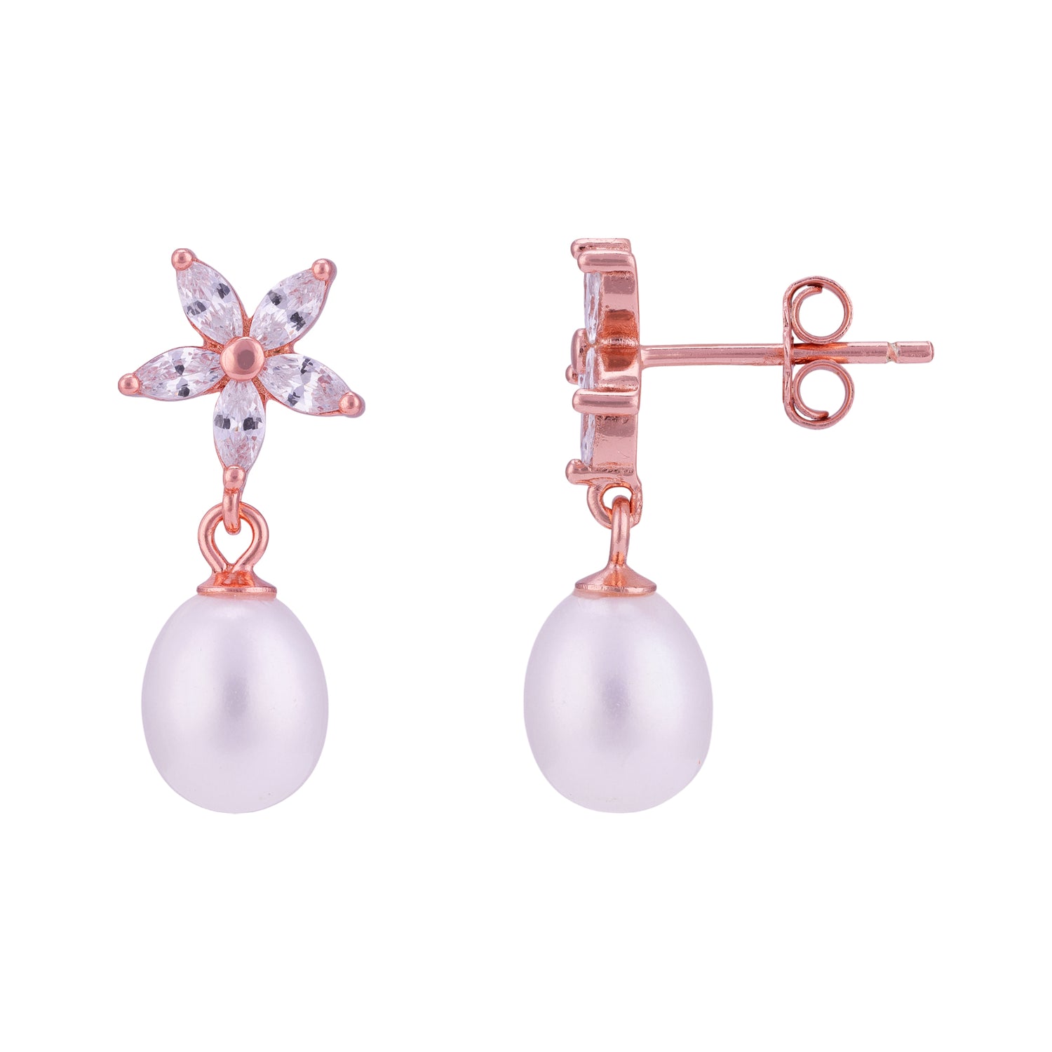 925 Sterling Silver Rose Gold-Plated Dainty Flower Dangling Pearl Earrings for Women