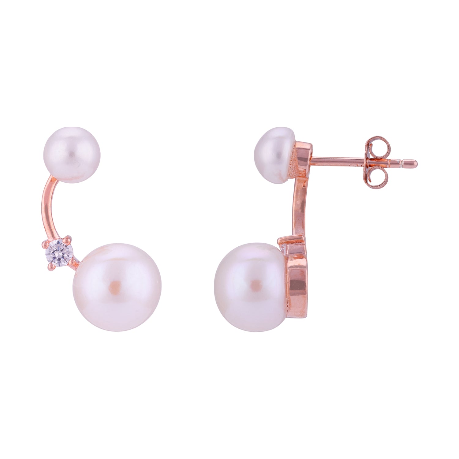 925 Sterling Silver Rose Gold Dual Pearl Solitaire Accent Earrings for Women