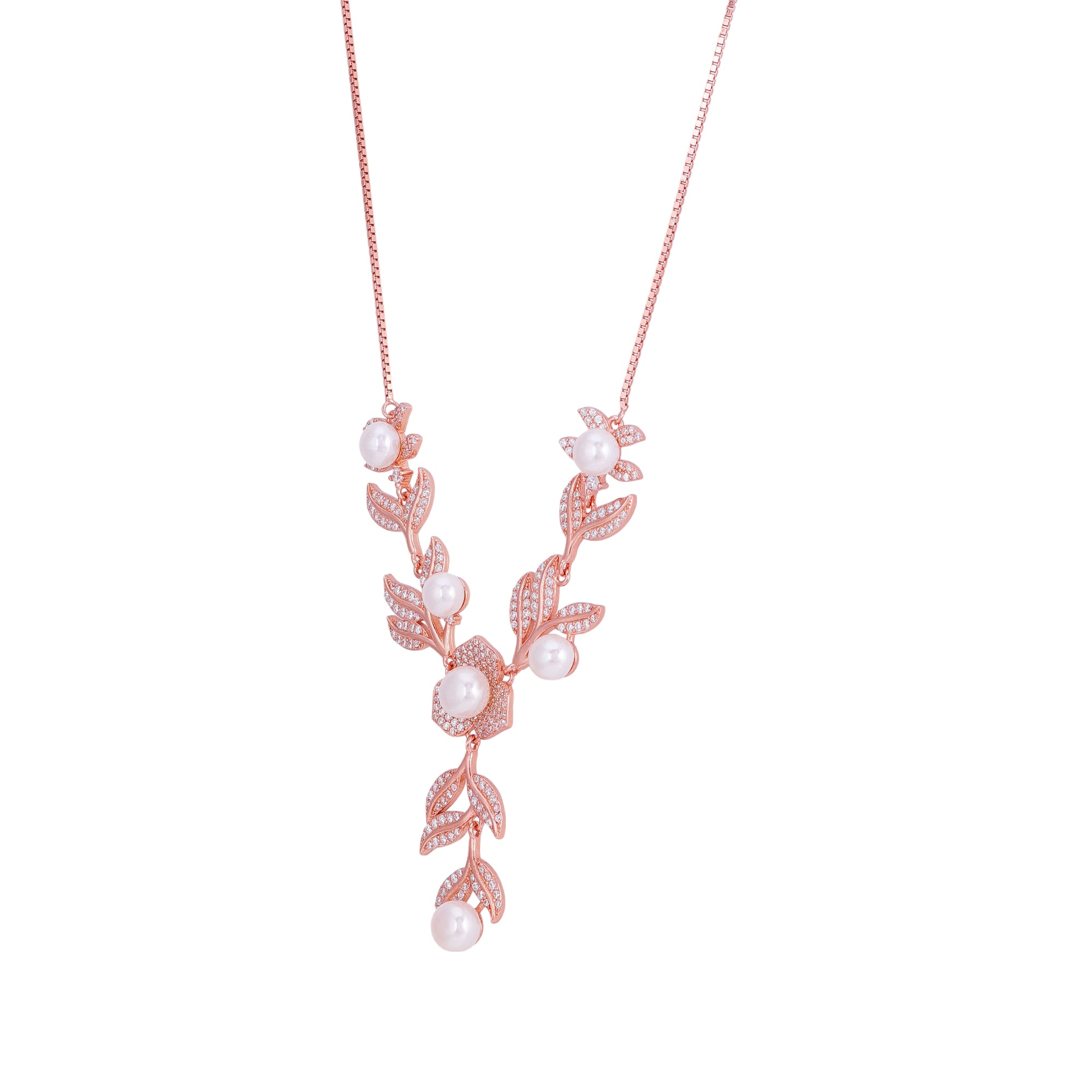 925 Sterling Silver Rose Gold Enchanted Garden Pearl Drops Necklace for Women