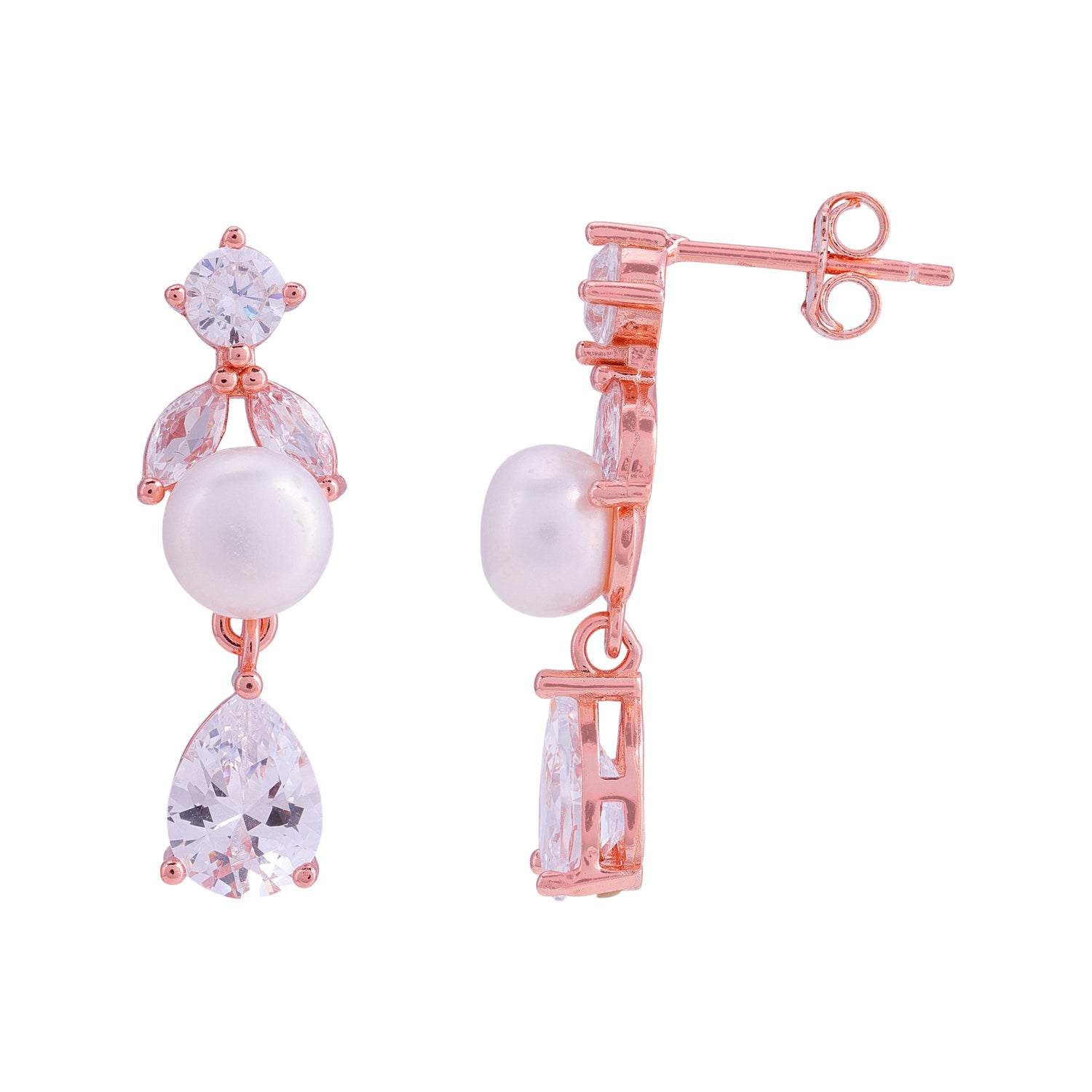 925 Sterling Silver Rose Gold Floral Crystal Pearl Drop Earrings for Women