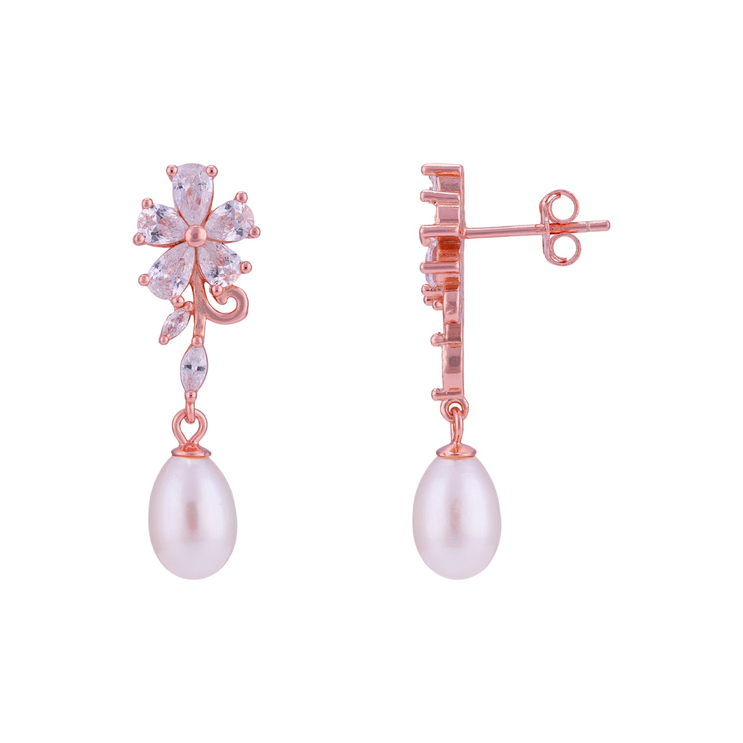 925 Sterling Silver Rose Gold Floral Vine Sparkling Stones Pearl Drop Earrings for Women