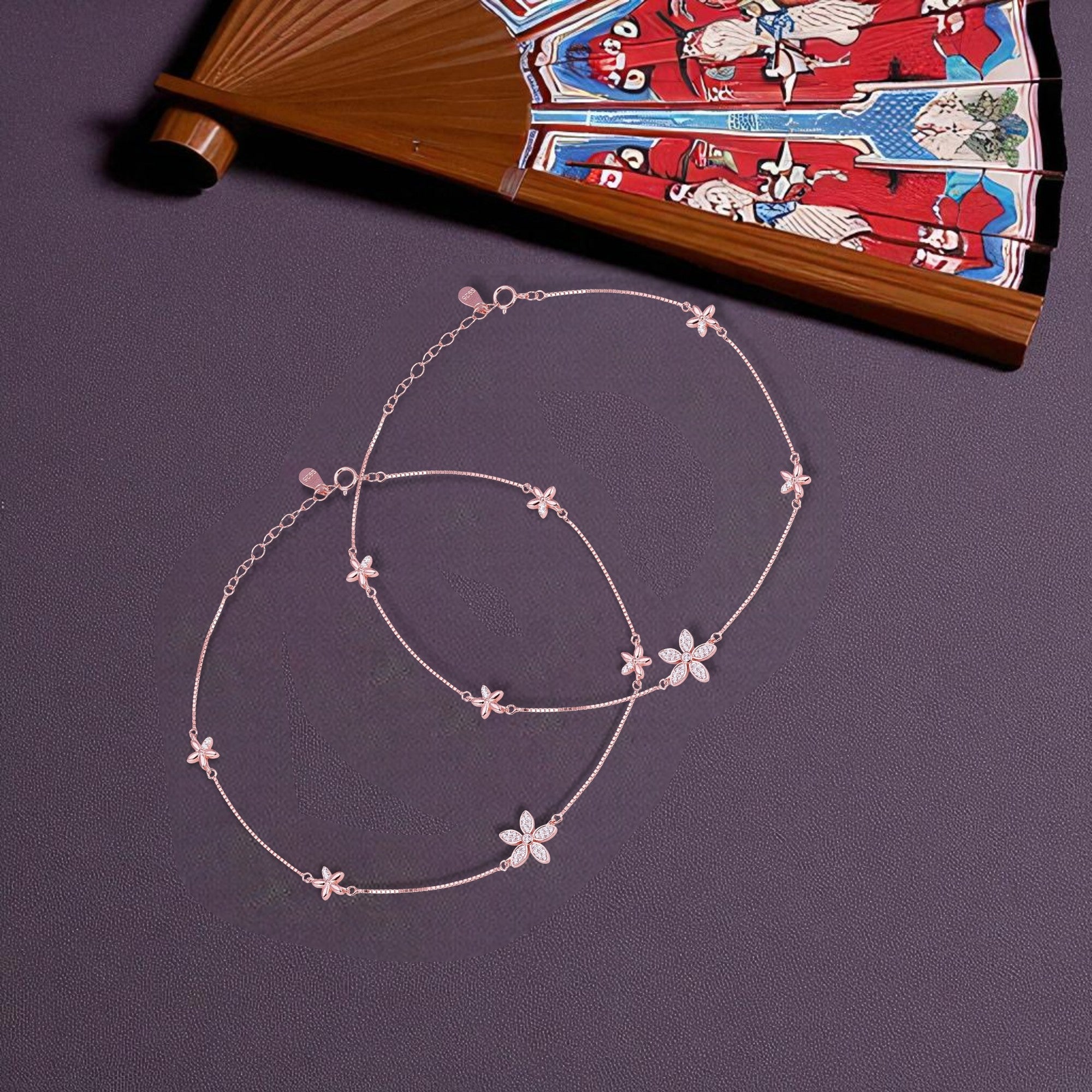 925 Sterling Silver Rose Gold Glimmering Flora Anklets For Women