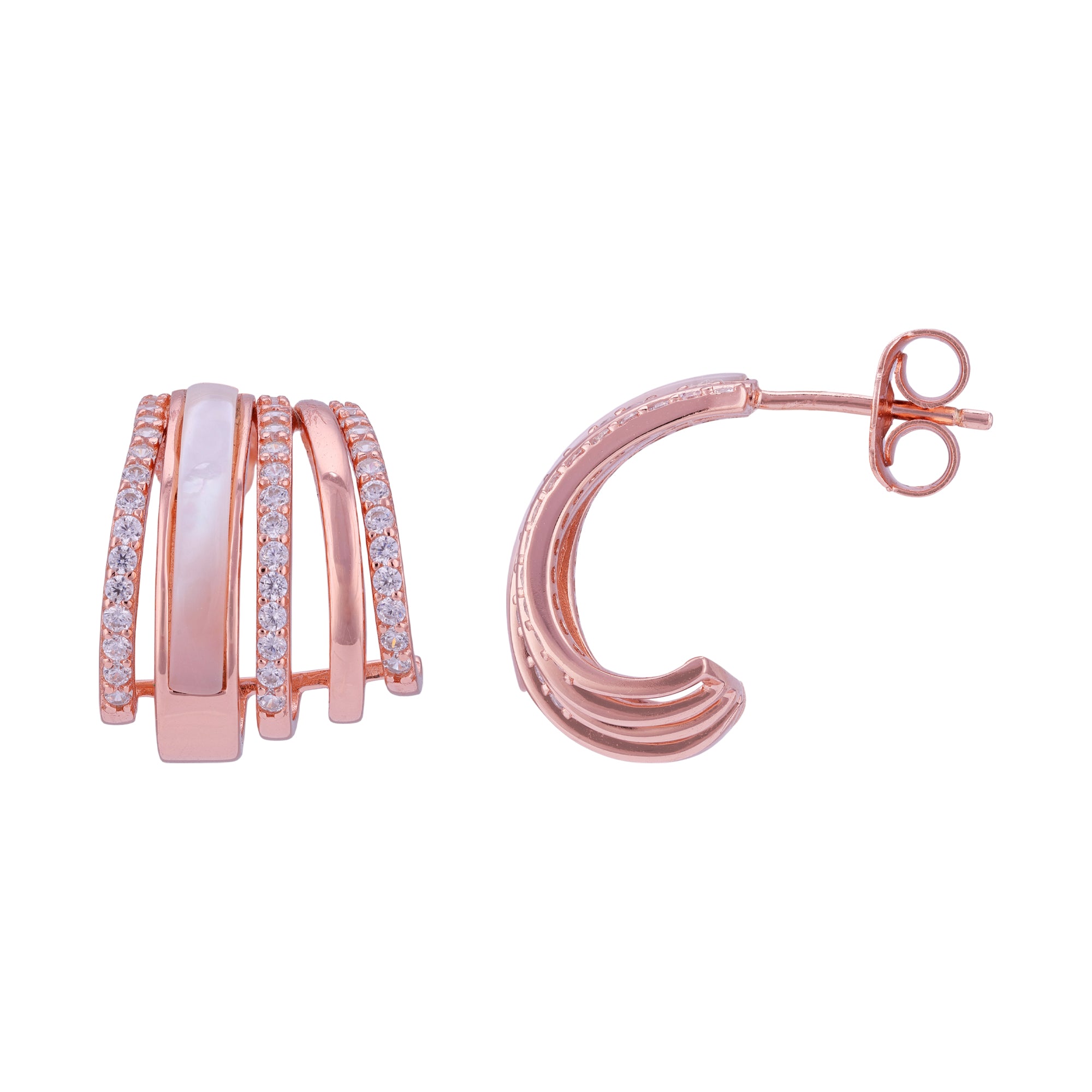 925 Sterling Silver Rose Gold Overlapping Hoop Pearl Detail Stoned Earrings for Women