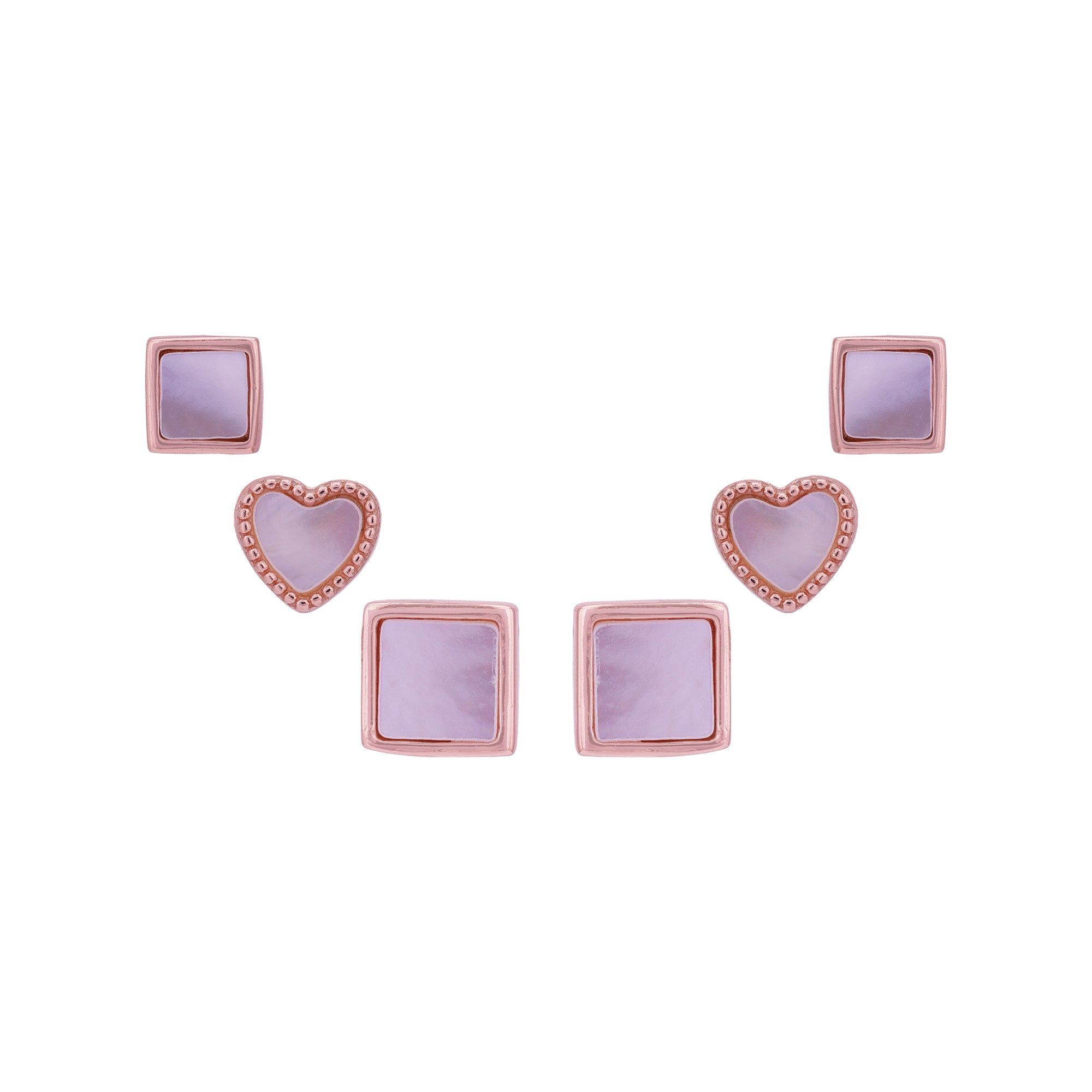 925 Sterling Silver Rose Gold Plated Glossed Geometry Heart & Square Ear Set for Women
