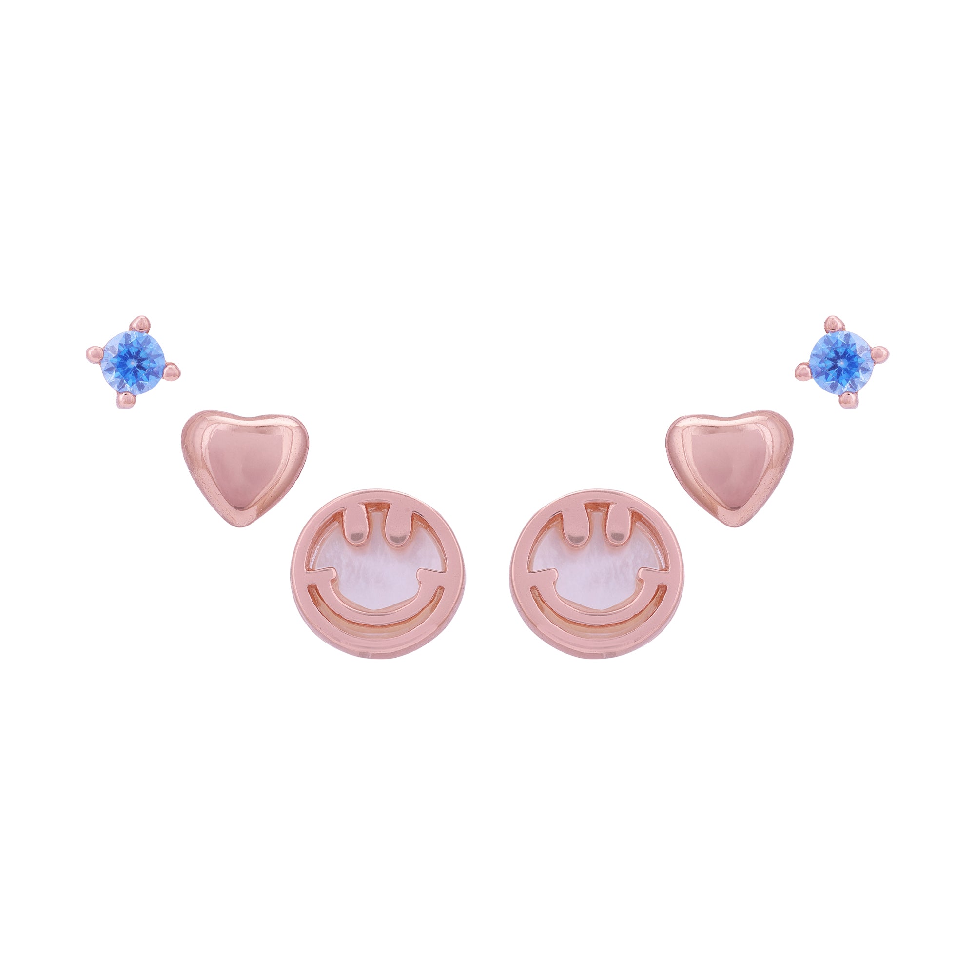 925 Sterling Silver Rose Gold Smiley Radiance & Aqua Pop Multi-Piercing Ear Set for Women