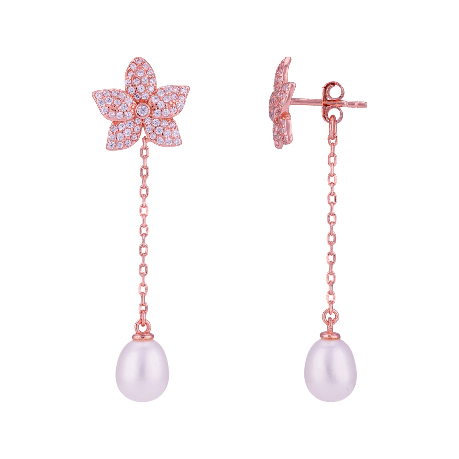 925 Sterling Silver Rose Gold Starburst Pearl Drop Chain Earrings for Women