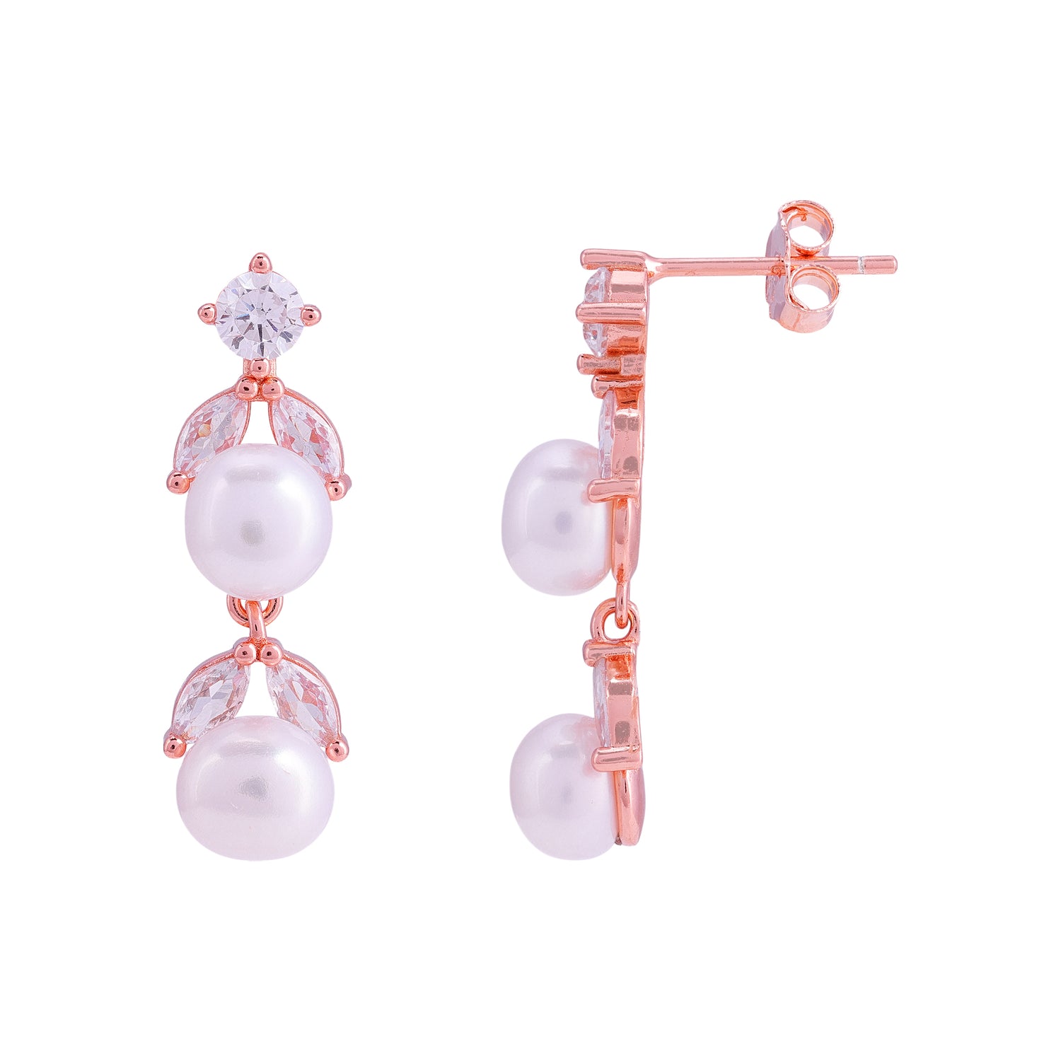 925 Sterling Silver Rose Gold Twin Pearl  Marquise-Cut Crystal Earrings for Women