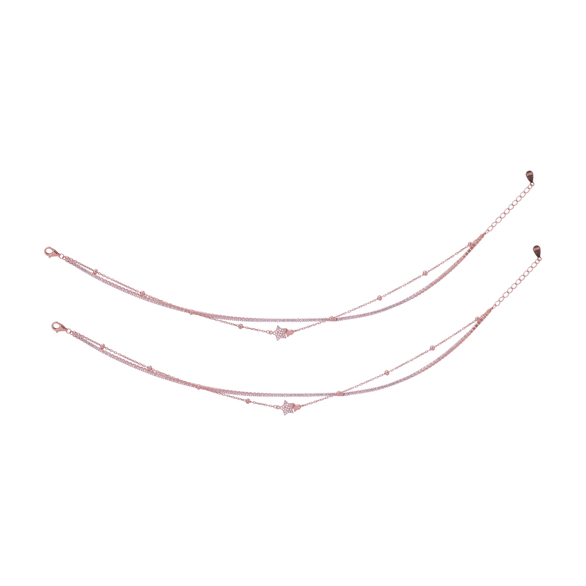 925 Sterling Silver Rose Gold Twin Stardust Anklets For Women