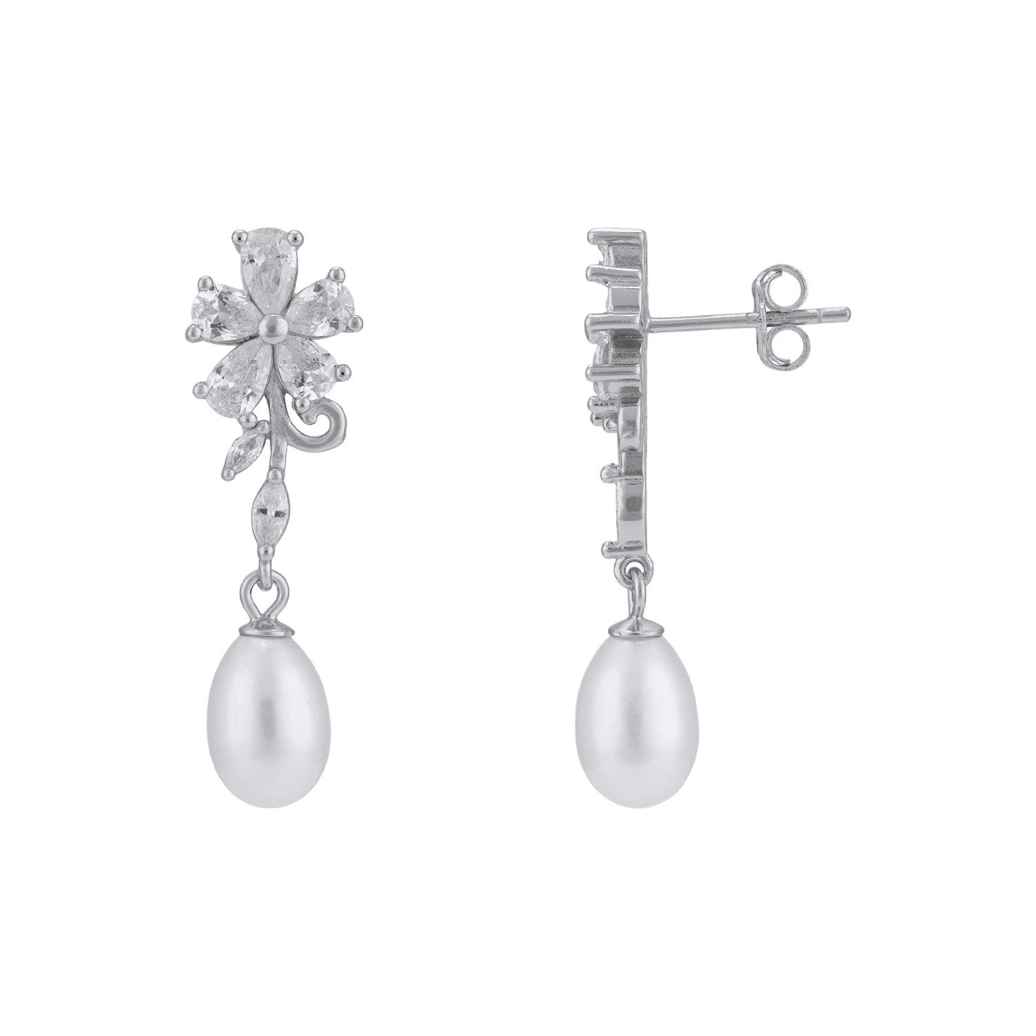 925 Sterling Silver Sculpted Blossom Crystal Petal Dangling Pearl Earrings for Women