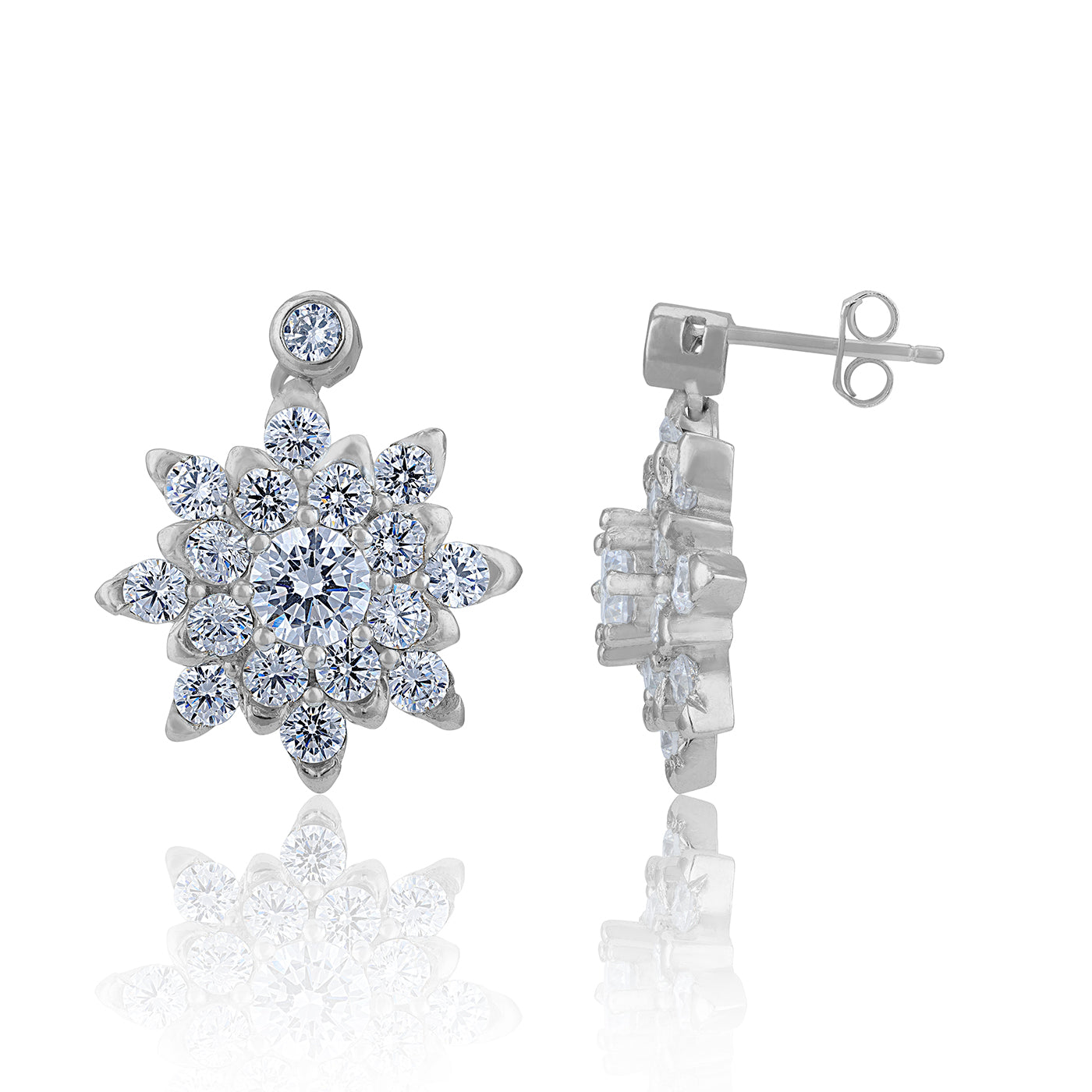 925 Sterling Silver Shimmering Crystal Star Floral Burst Rhodium Plated Earrings for Women