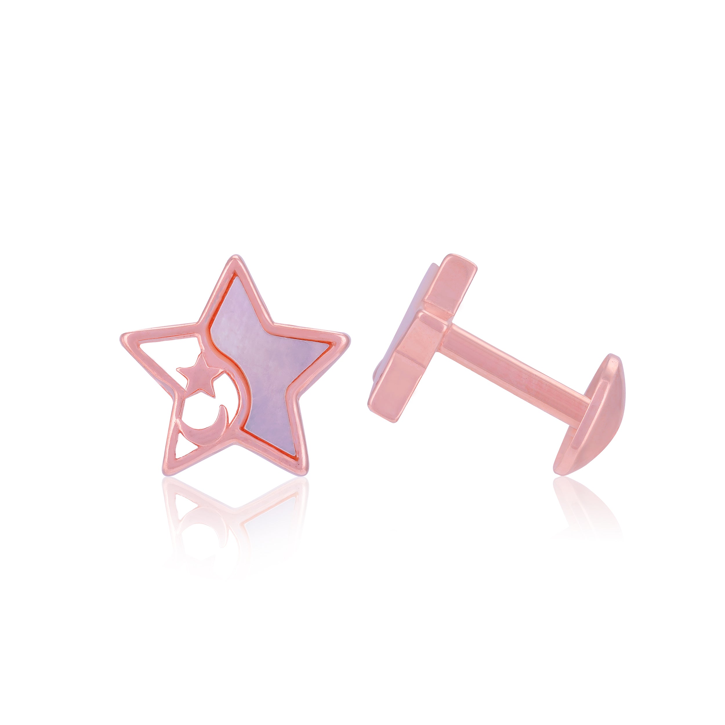 925 Sterling Silver Star & Crescent Celestial Frame Rose Gold Plated Stud for Women