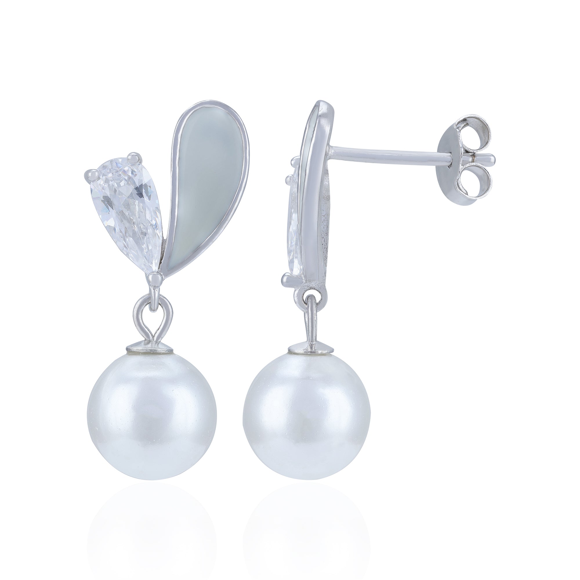 White Pearl earrings with clear gemstones