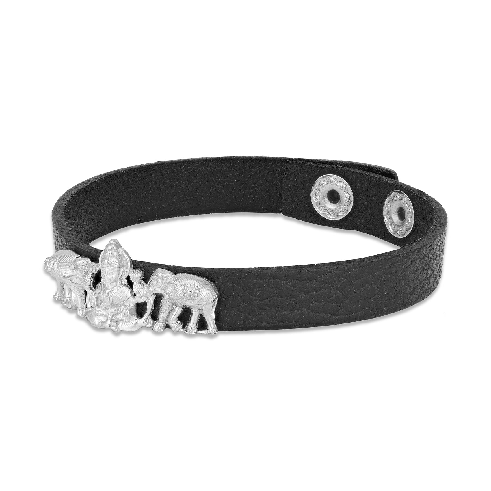 925 Sterling Silver Traditional Goddess Lakshmi Twin Elephant Design Black Leather Band Bracelet for Men