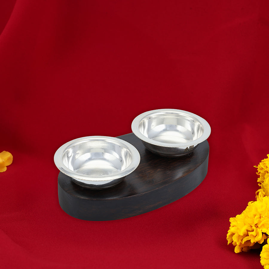 925 Sterling Silver Traditional Kumkum Haldi Bowl Set with Rosewood Stand For Pooja