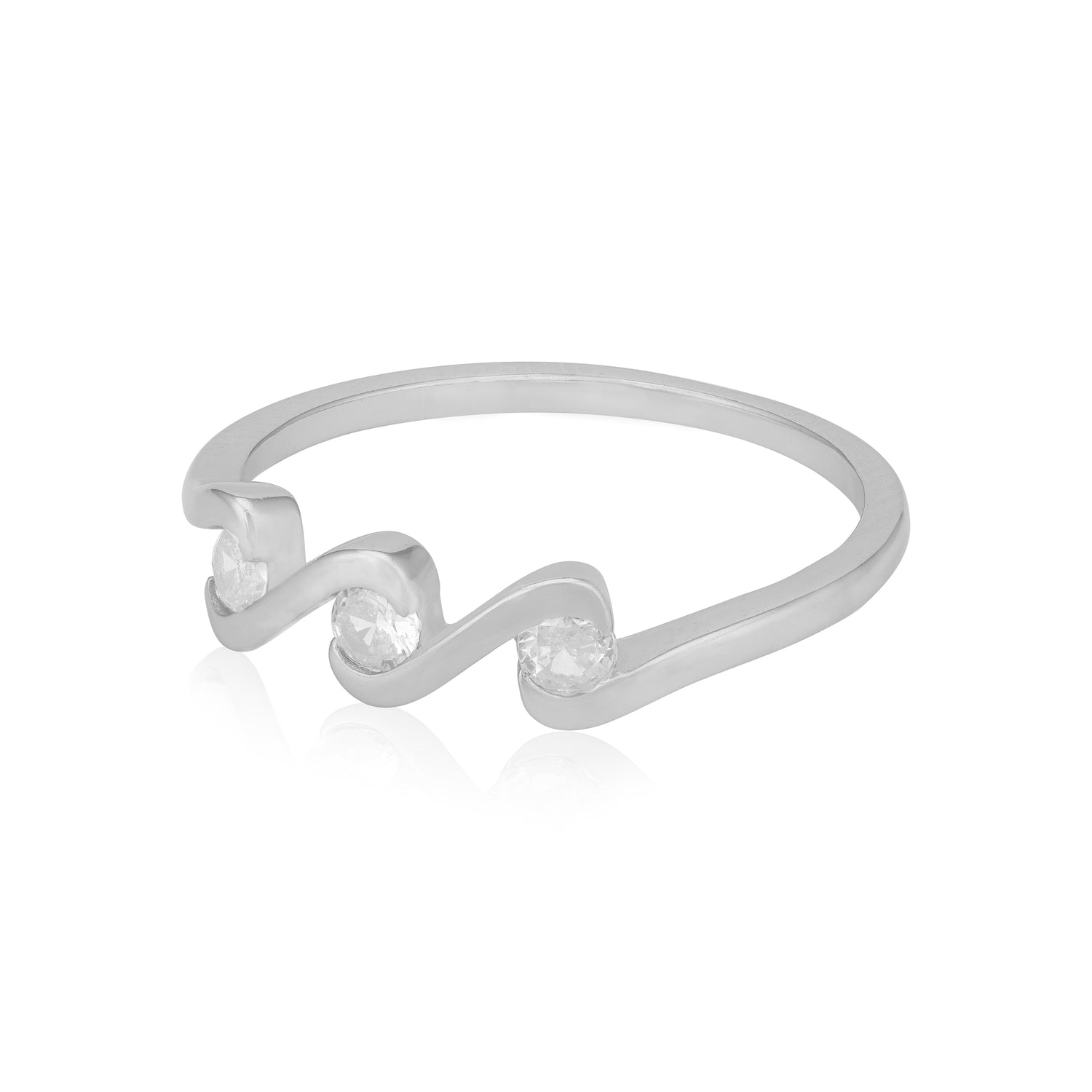 925 Sterling Silver Triple Stoned Swirl Pattern Rhodium Plated Rings For Women