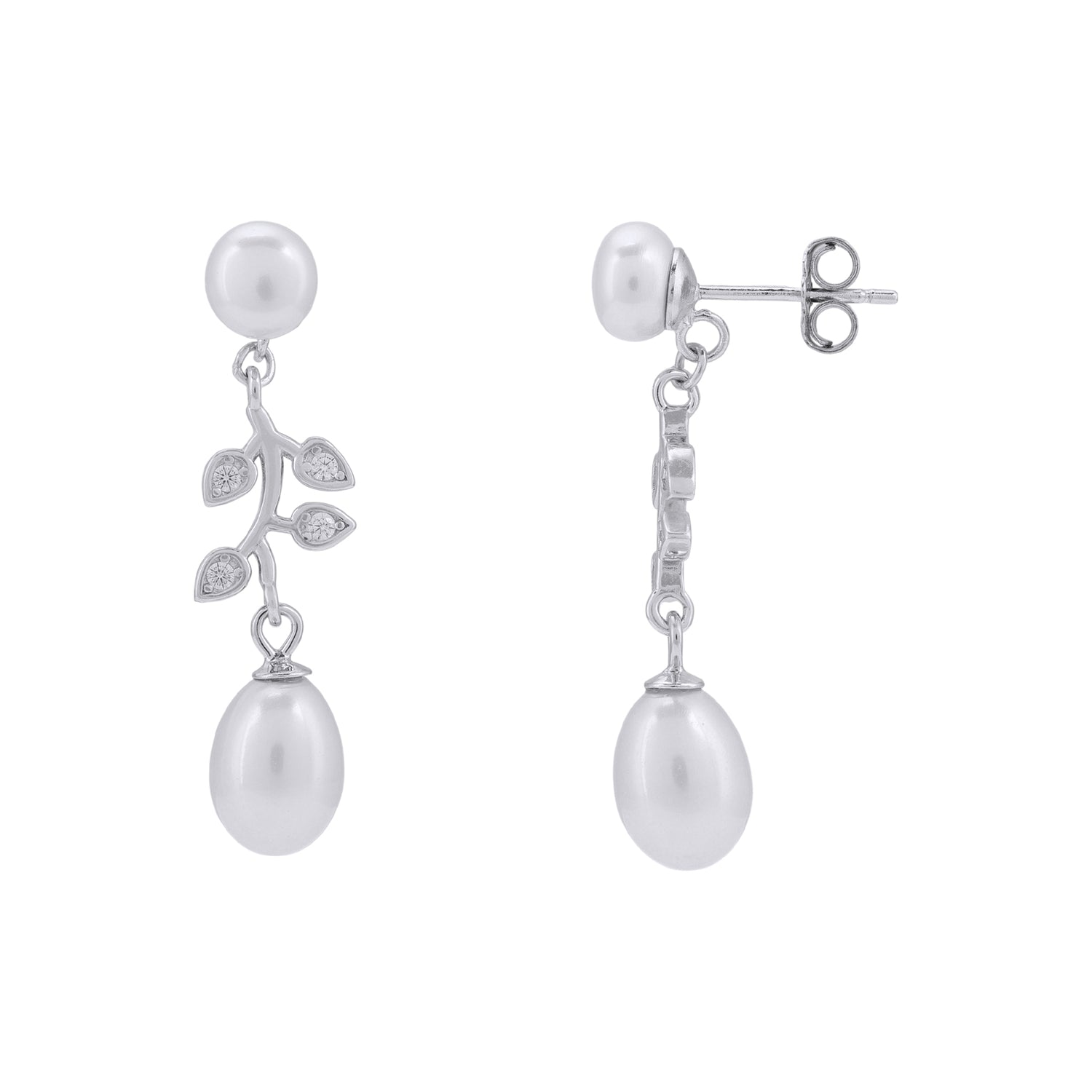 925 Sterling Silver Twin Pearl Drop Leaf Branch Accents Earrings for Women