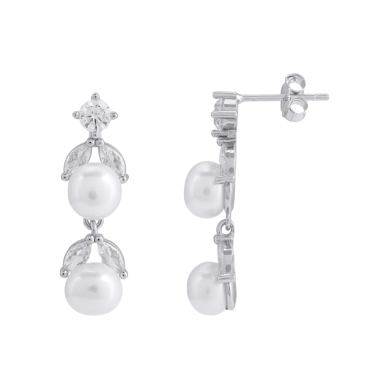 925 Sterling Silver Twin Pearl Drop Marquise Crystal Accents Earrings for Women