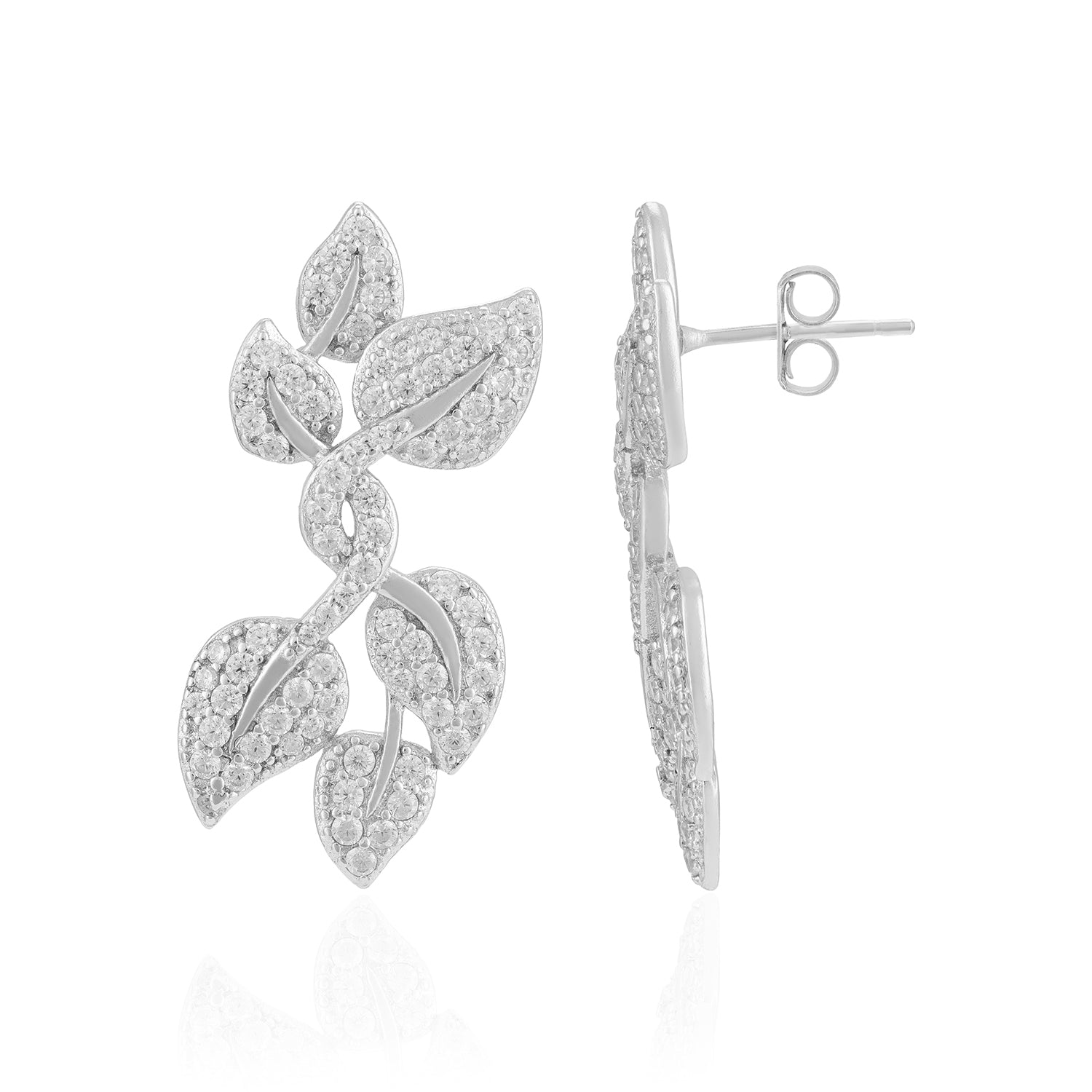 Sterling Silver Twisted Vine Leaf Rhodium Plated Earrings For Women