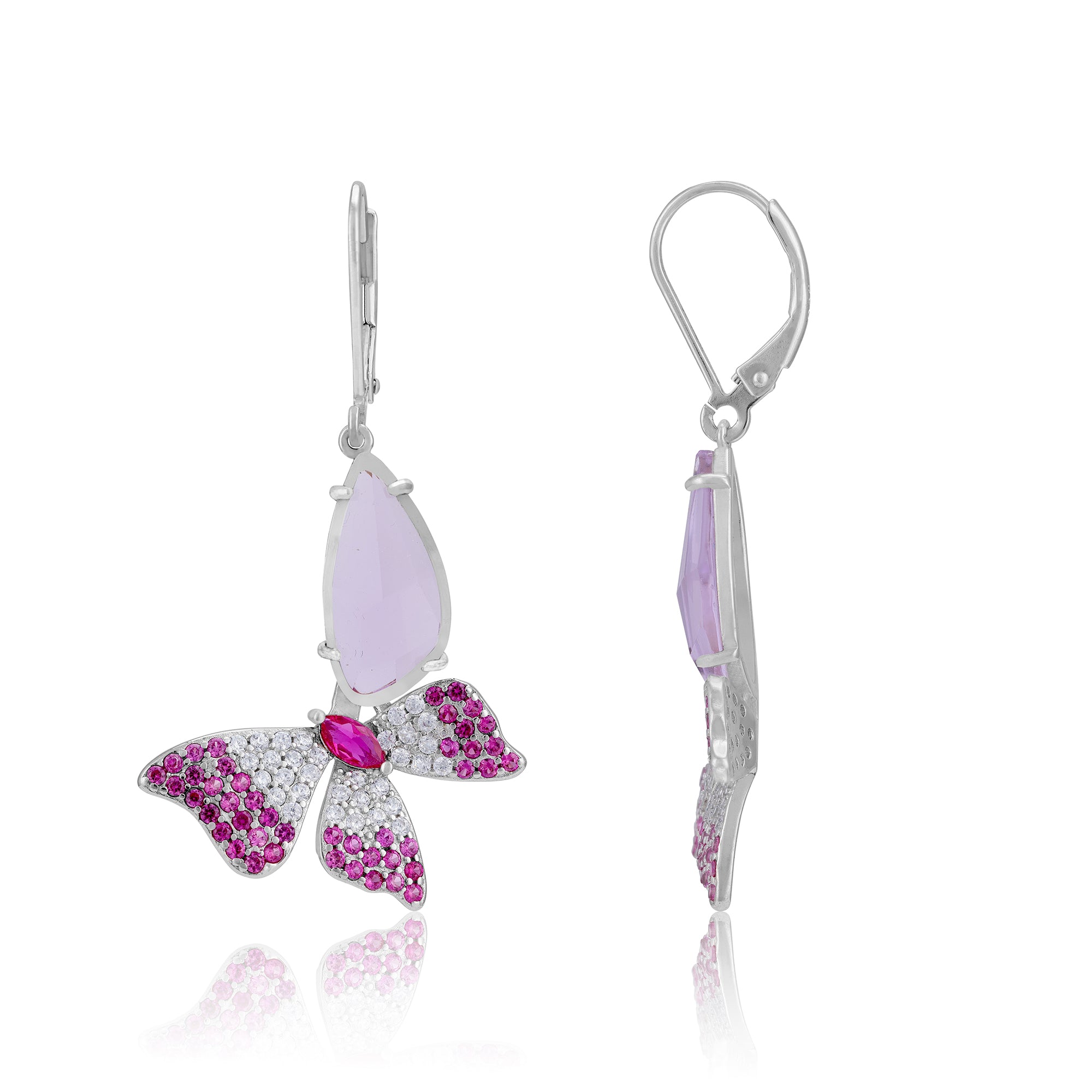 925 Sterling Silver Violet Teardrop Pink Butterfly Earrings for Women
