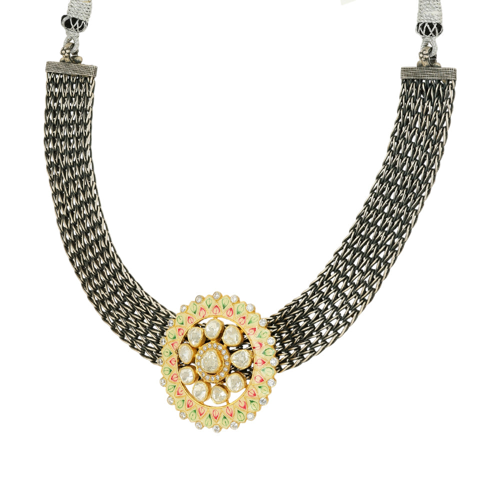 925 Sterling Silver Weaved Pattern Floral Centered Oxidised Necklace For Women