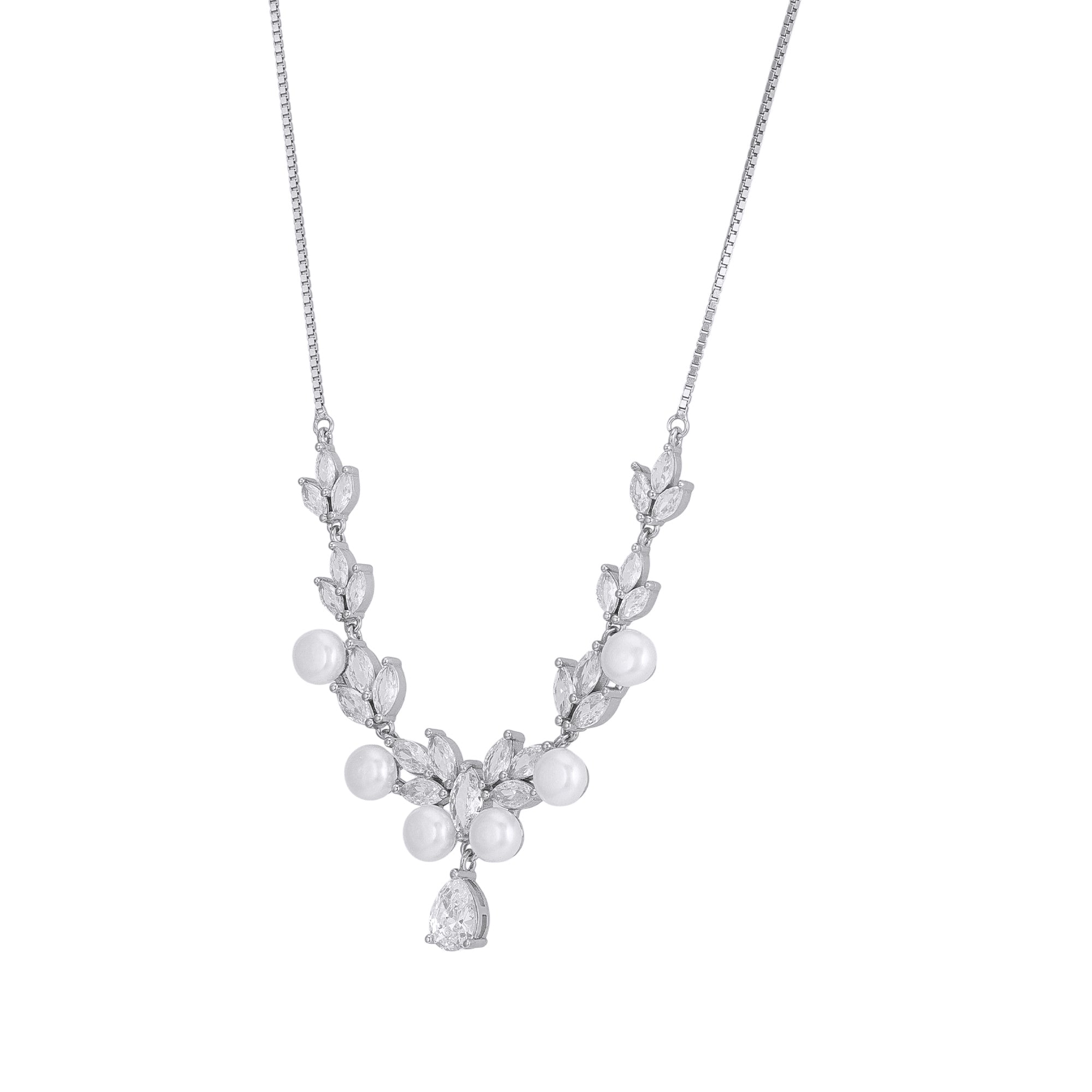 925 Sterling Silver White Rhodium Leafy Pearl Tear Drop Necklace for Women