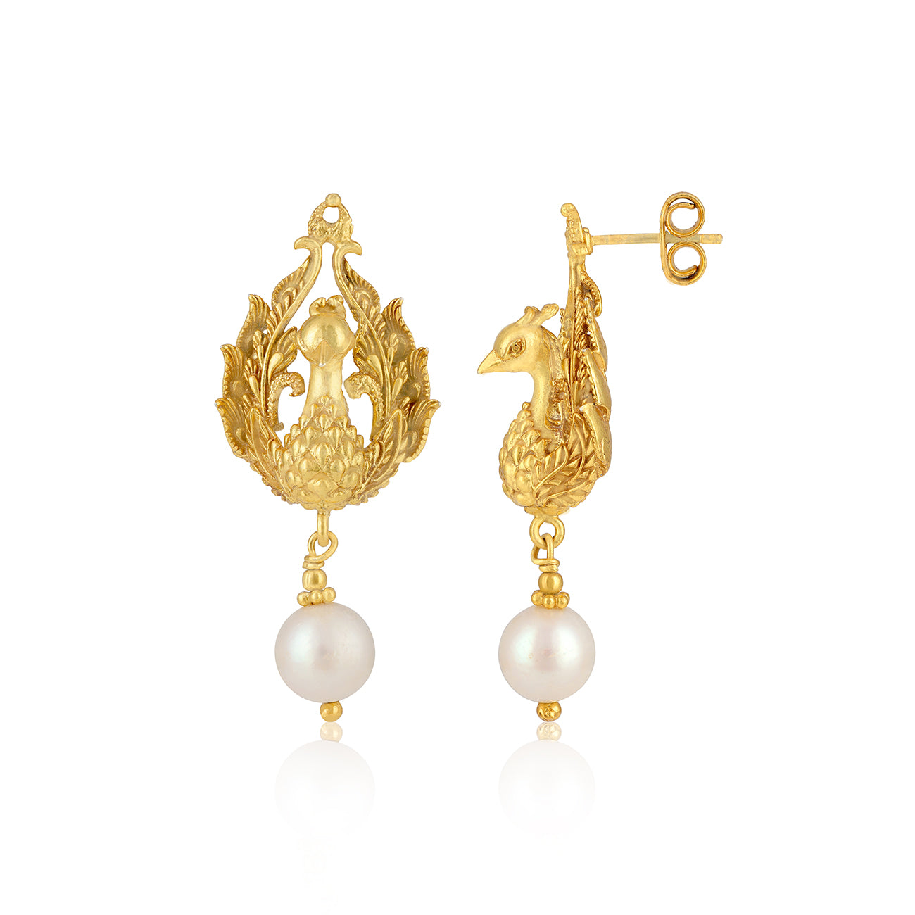 925 Sterling Silver Winged Peacock Gold Plated Pearl Drop Earrings for Women
