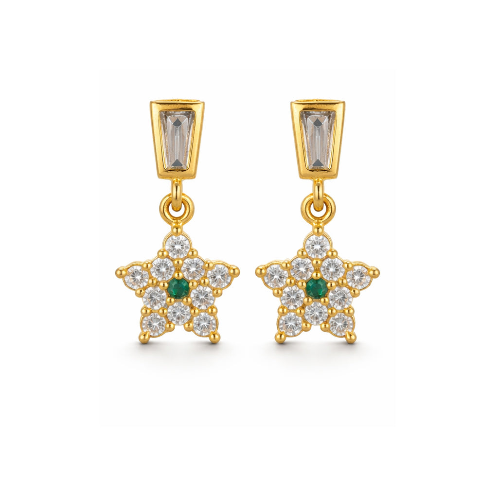 Gold star-shaped earrings with green and clear gemstones on a white background
