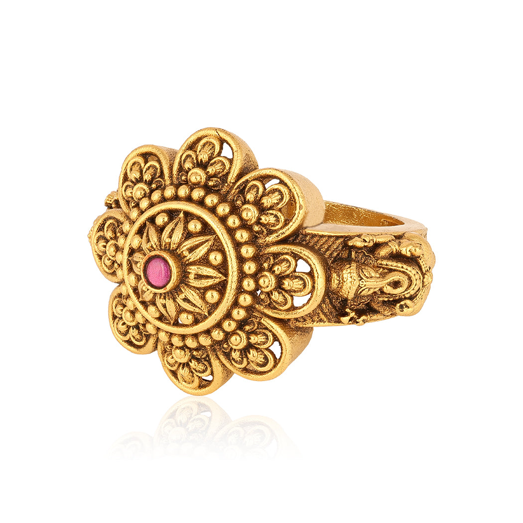 Traditional Gold Plated Flower Pattern 925 Silver Pink Stone Ring for Women