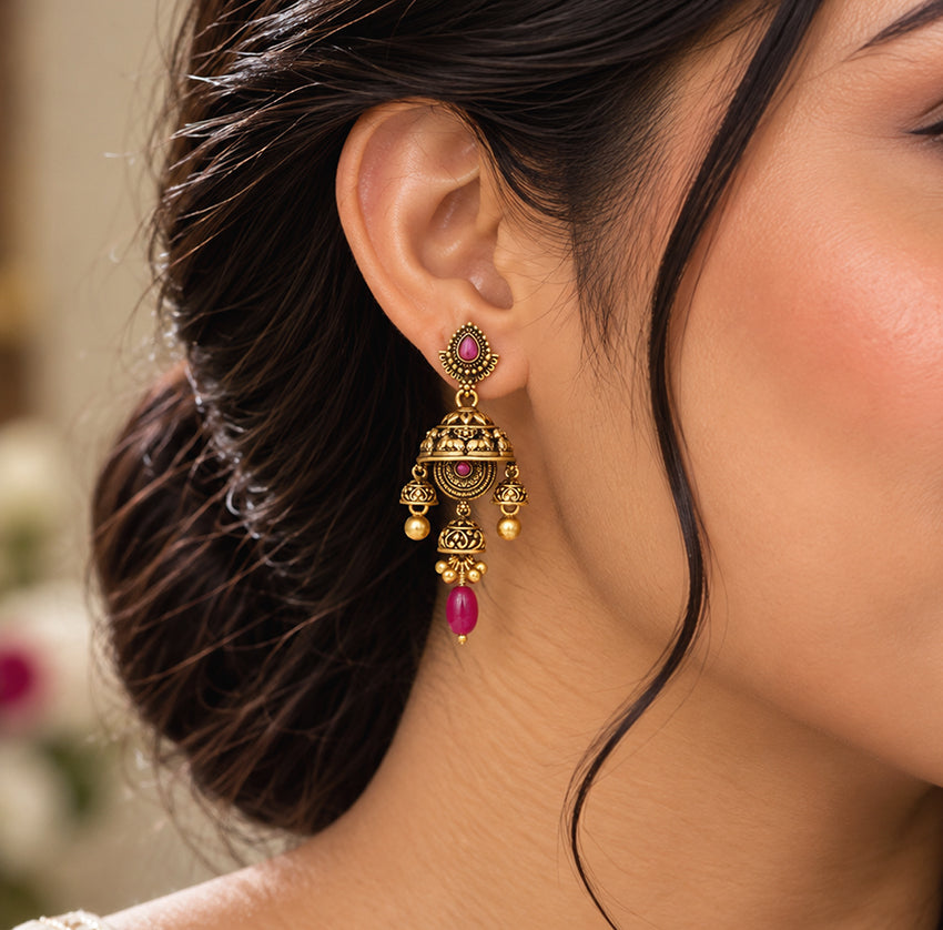 Traditional Nandi Motif 925 Sterling Silver Pink Drop Earring for Women
