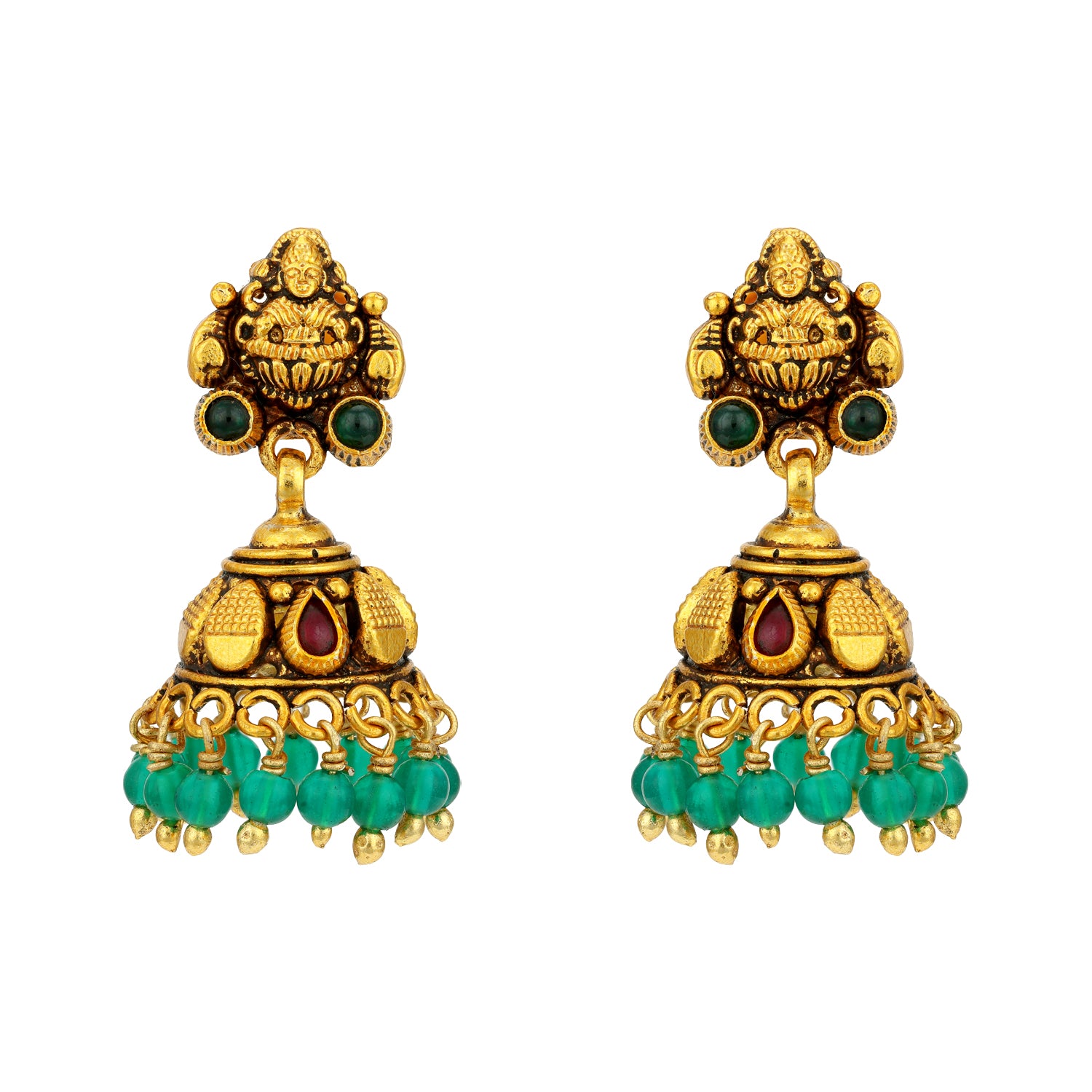 Traditional Goddess Lakshmi 925 Sterling Silver Green Drop Jhumka for Women
