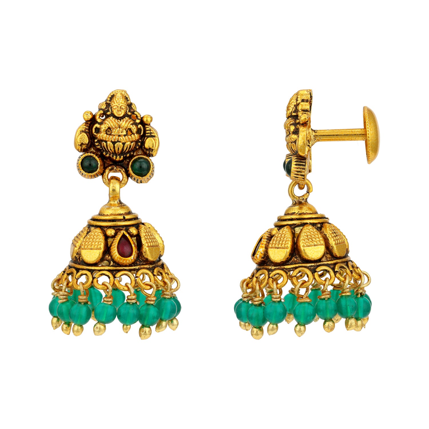 Traditional Goddess Lakshmi 925 Sterling Silver Green Drop Jhumka for Women