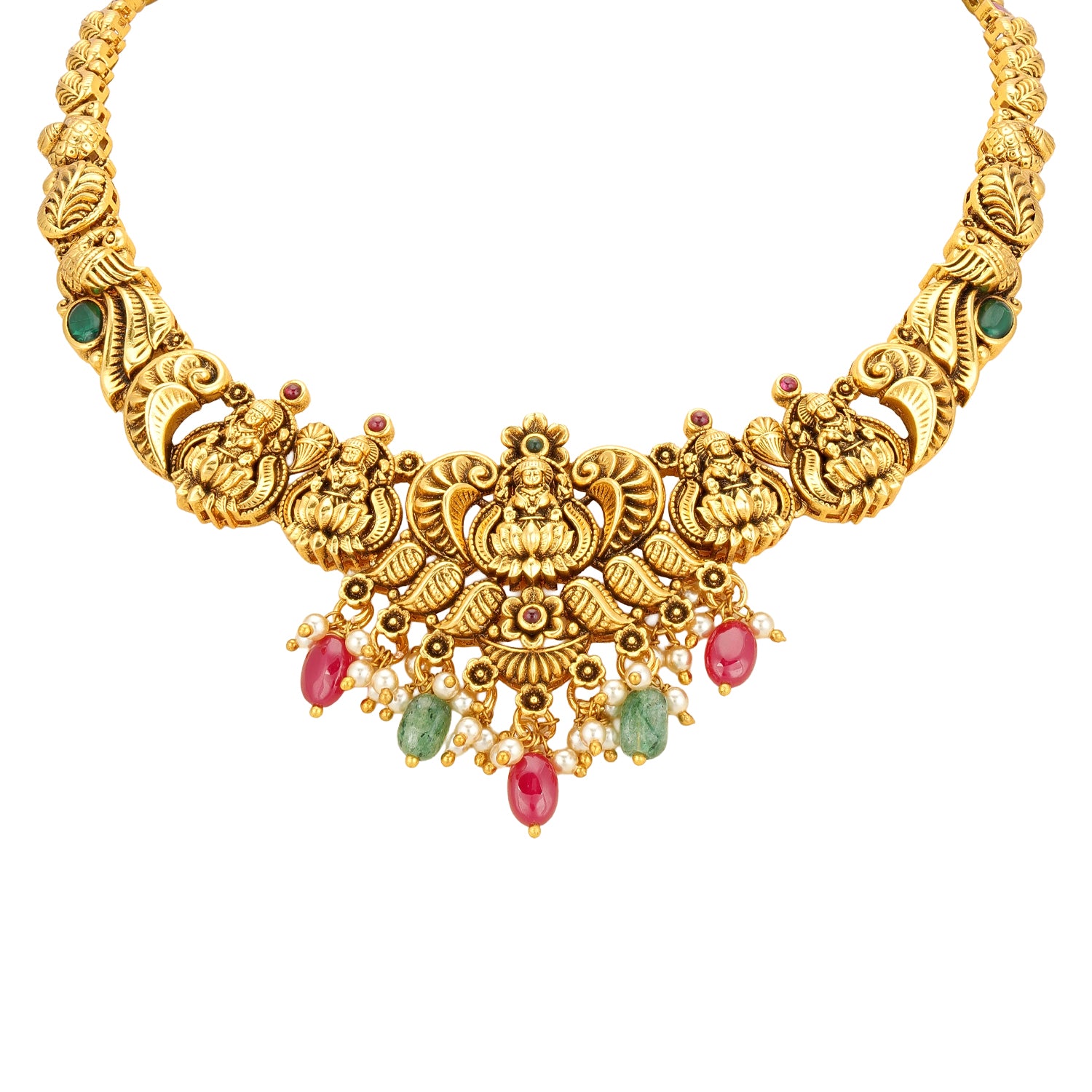 Traditional Goddess Lakshmi Accent 925 Sterling Silver Pink Green Drop Necklace for Women