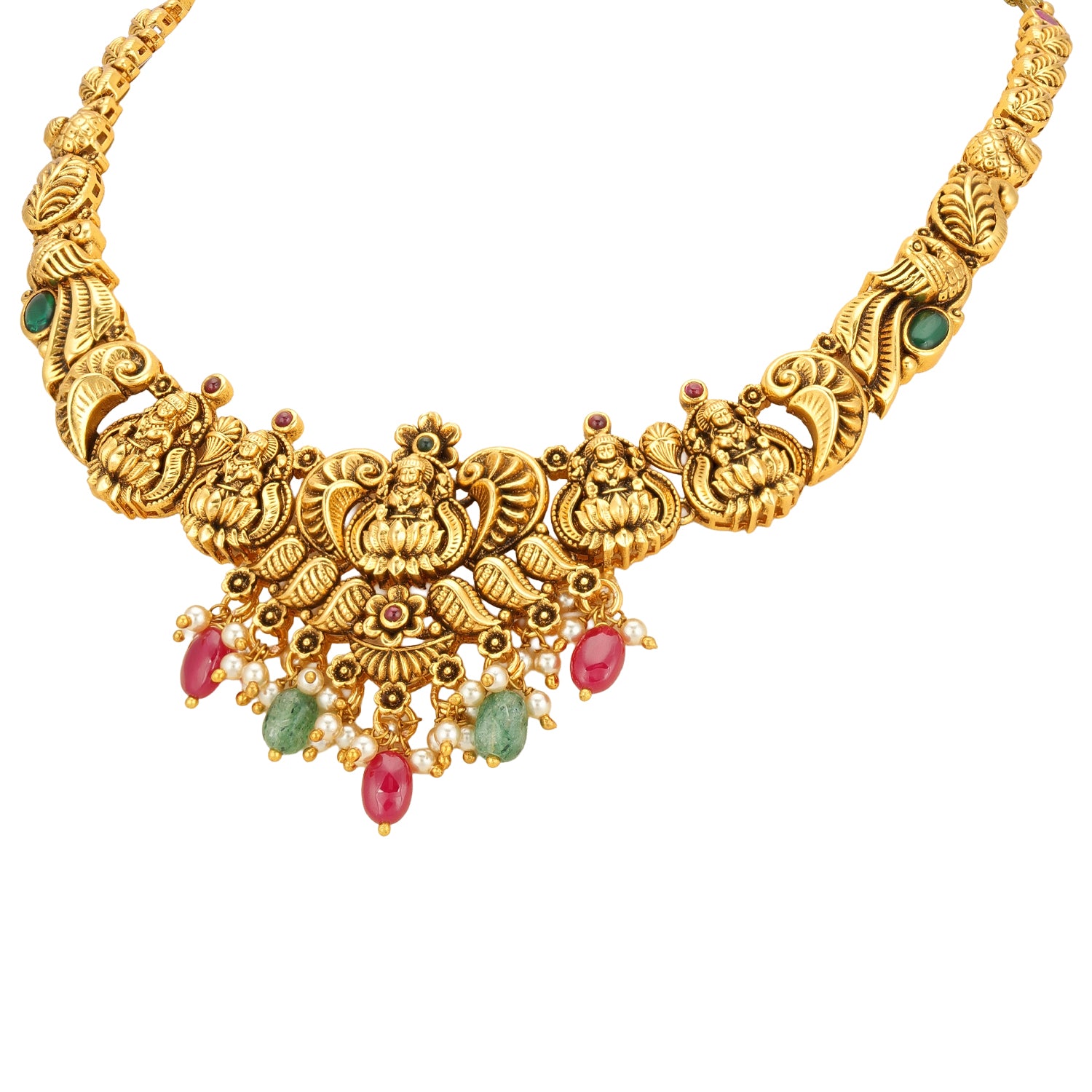 Traditional Goddess Lakshmi Accent 925 Sterling Silver Pink Green Drop Necklace for Women
