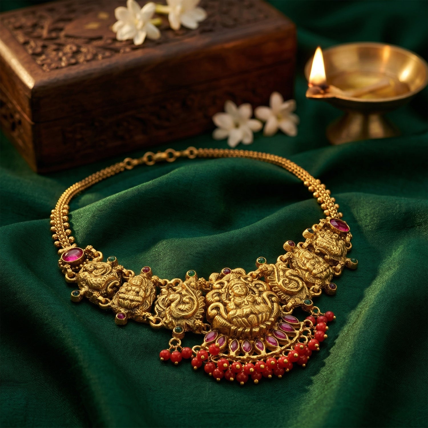Traditional Goddess Lakshmi Peacock Cluster 925 Sterling Silver Coral Drop Necklace for Women
