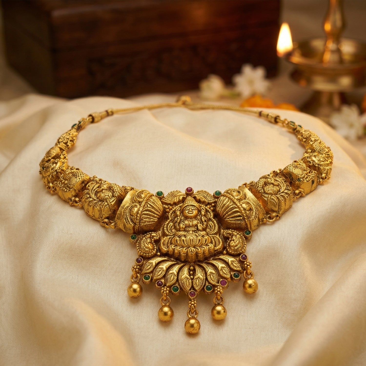 Traditional Goddess Lakshmi Peacock Motif 925 Sterling Silver Gold Drop Necklace for Women
