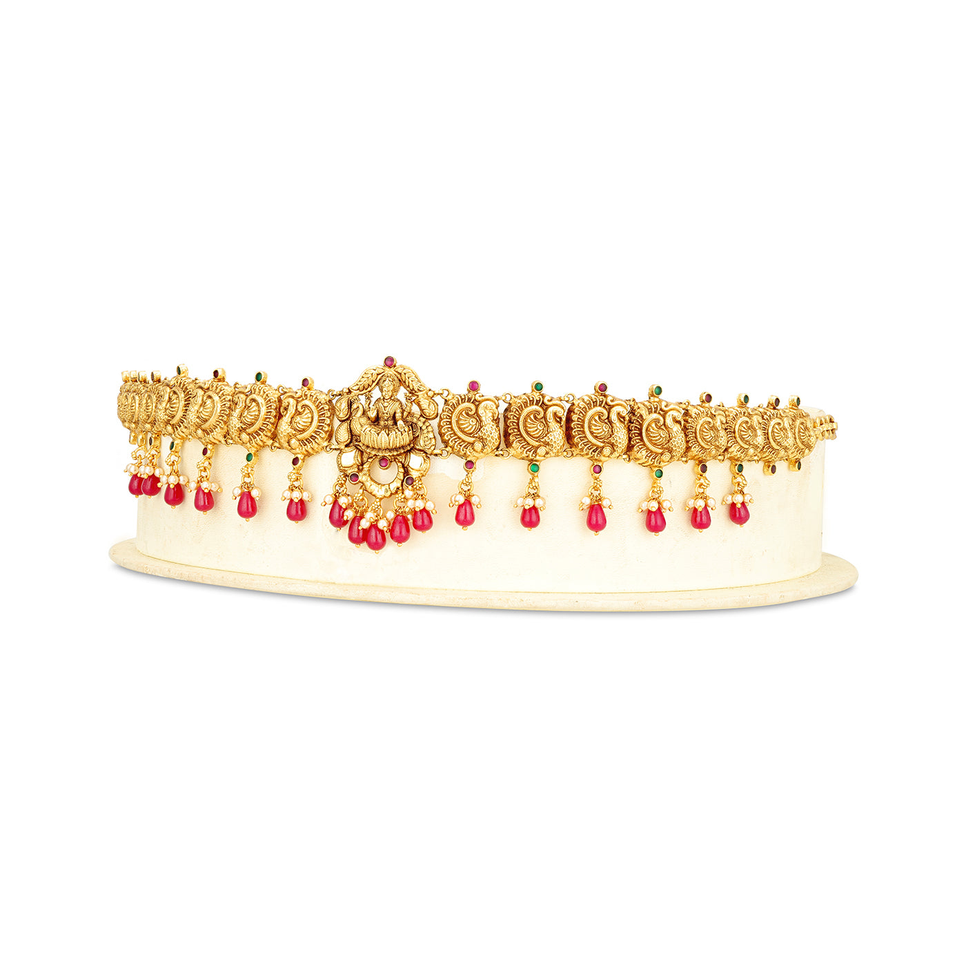 Traditional Goddess Lakshmi Peacock Motif Gold Plated 925 Sterling Silver Pearl Pink Drop Oddiyanam for Women