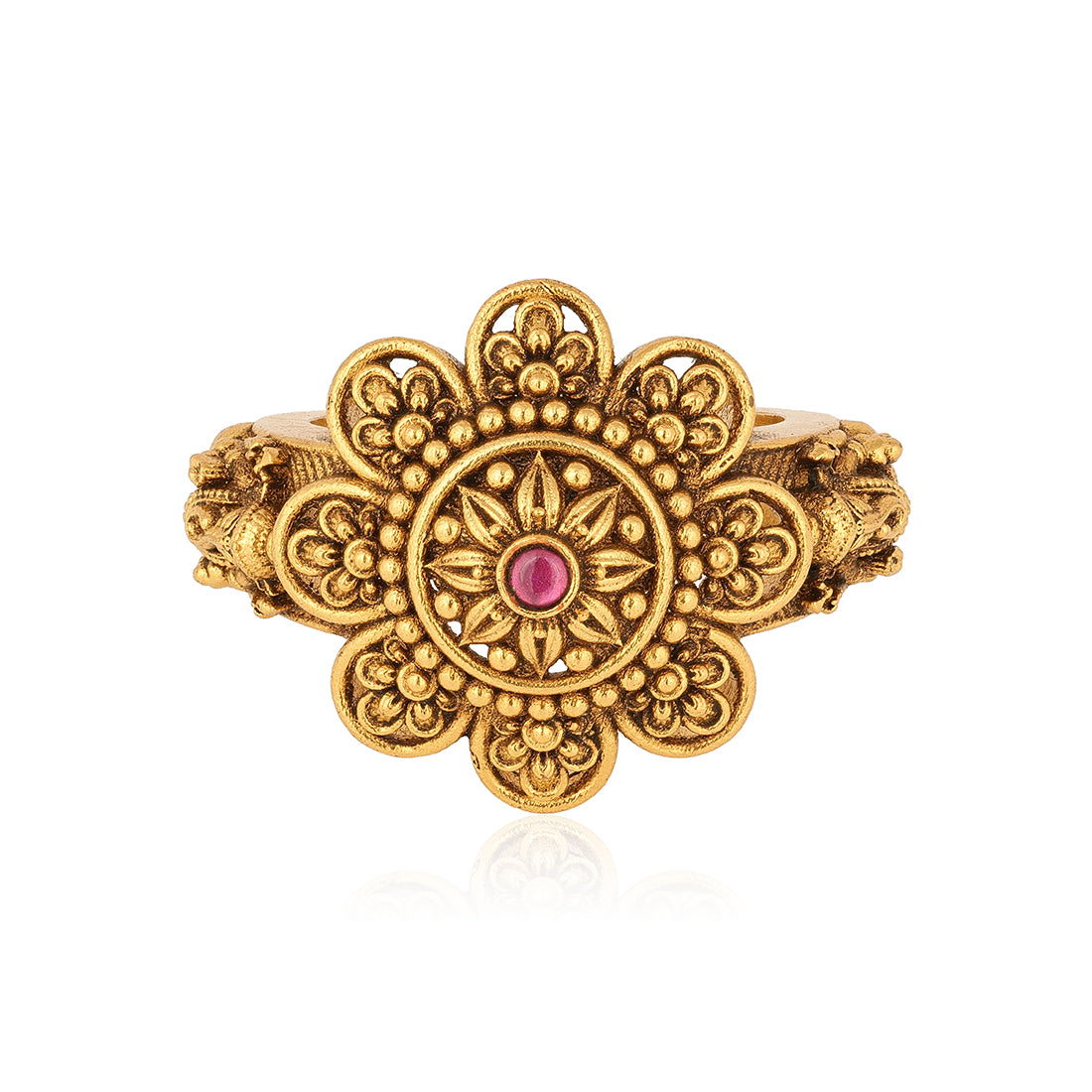 Traditional Gold Plated Flower Pattern 925 Silver Pink Stone Ring for Women