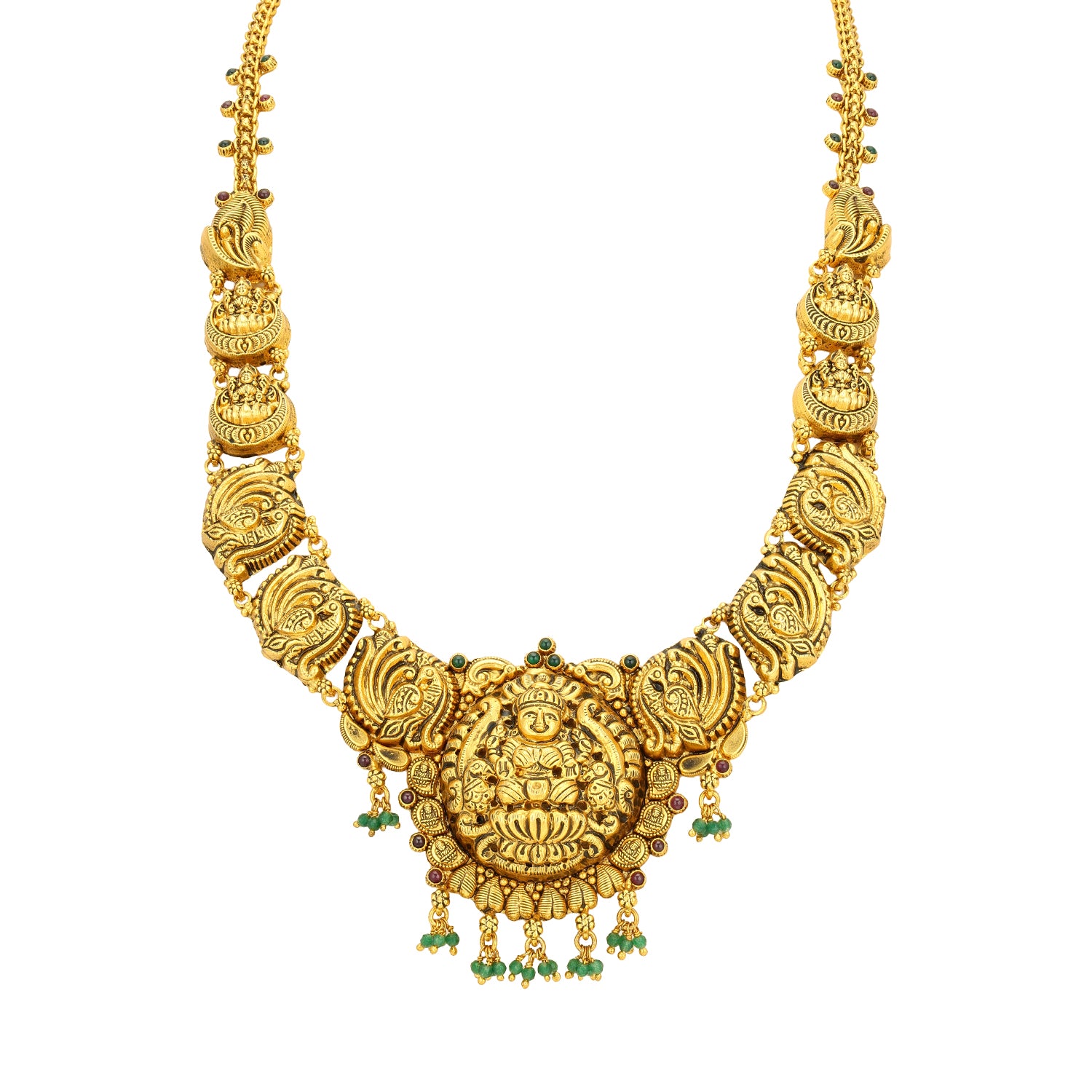 Traditional Gold Plated Lakshmi Temple Peacock Motif 925 Sterling Silver Green Drop Haram for Women