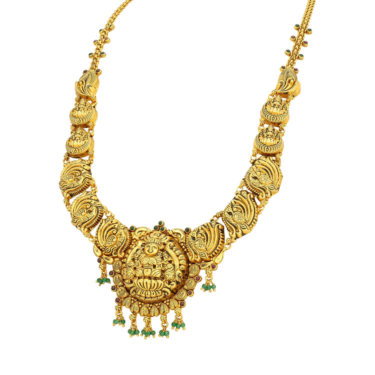 Traditional Gold Plated Lakshmi Temple Peacock Motif 925 Sterling Silver Green Drop Haram for Women