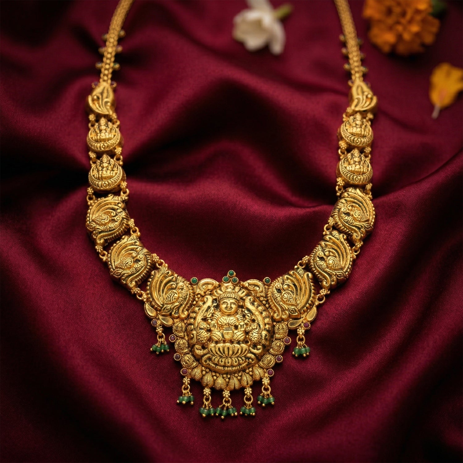 Traditional Gold Plated Lakshmi Temple Peacock Motif 925 Sterling Silver Green Drop Haram for Women